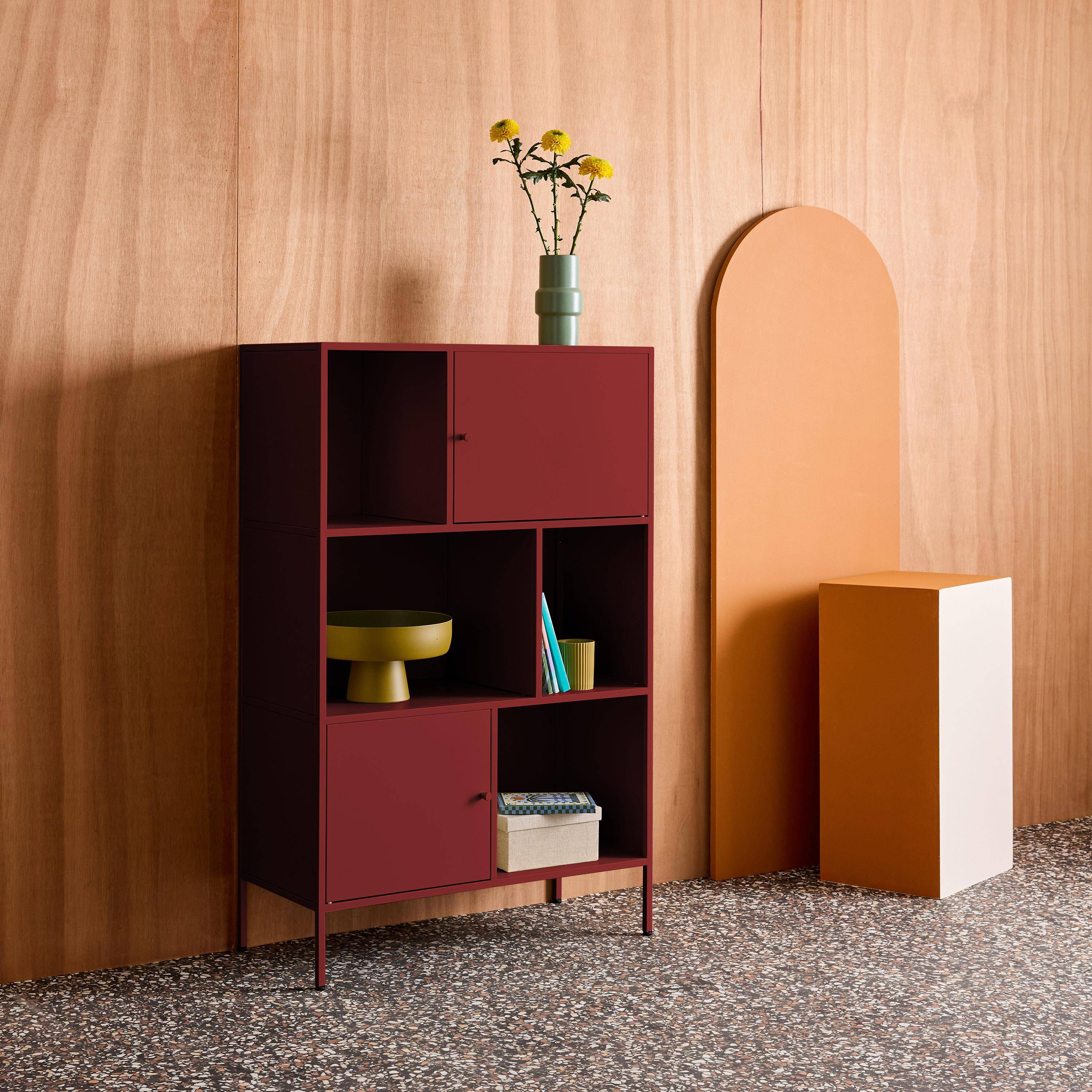 Buffet, meuble de rangement industriel métal bordeaux 6 compartiments, L 80 x P 35 x H 125cm - Oklahoma,sweeek,Photo5