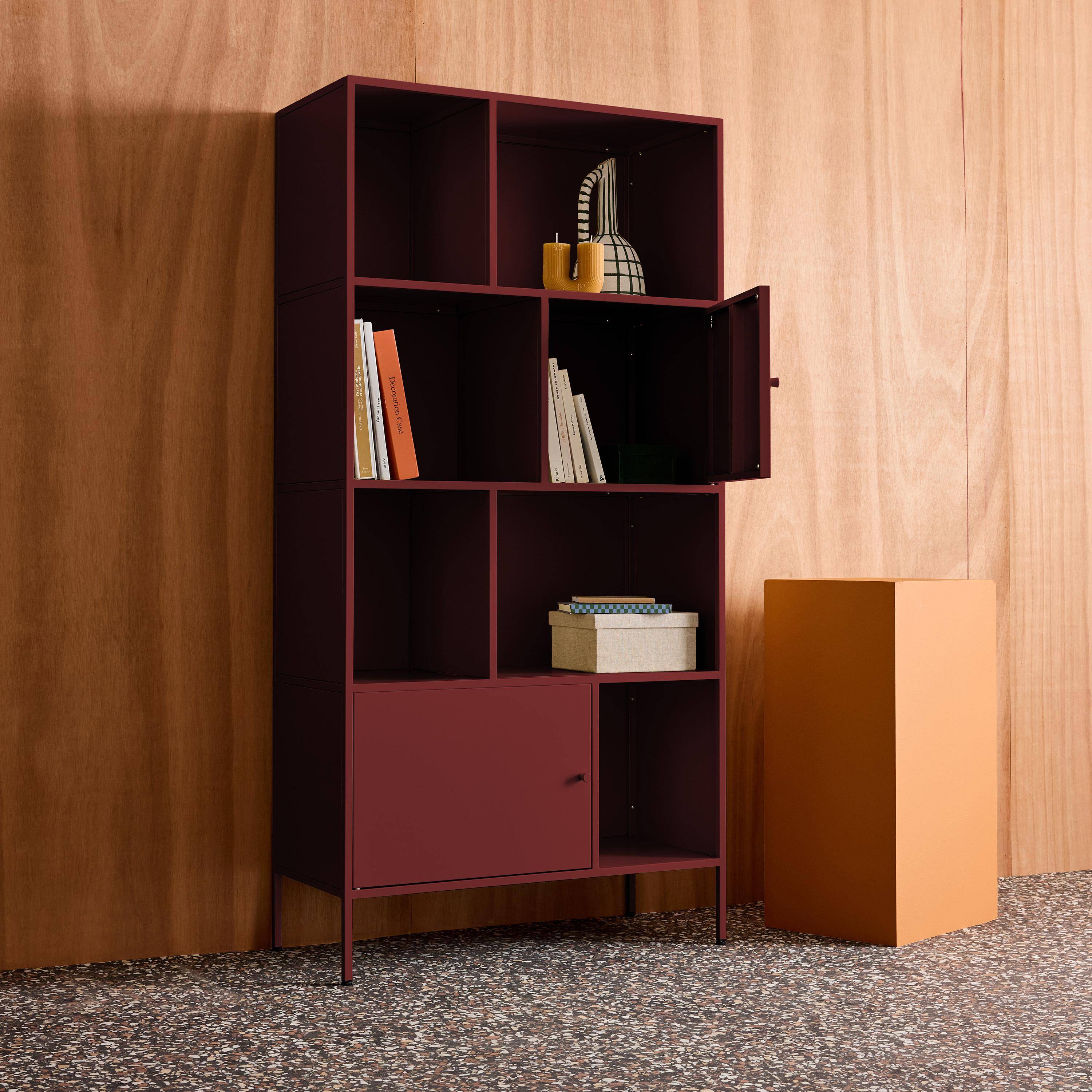 Boekenkast met 8 vakken en 2 deurtjes van metaal, industrieel, bordeauxrood L 80 x B 35 x H 160,5cm - Oklahoma Photo4