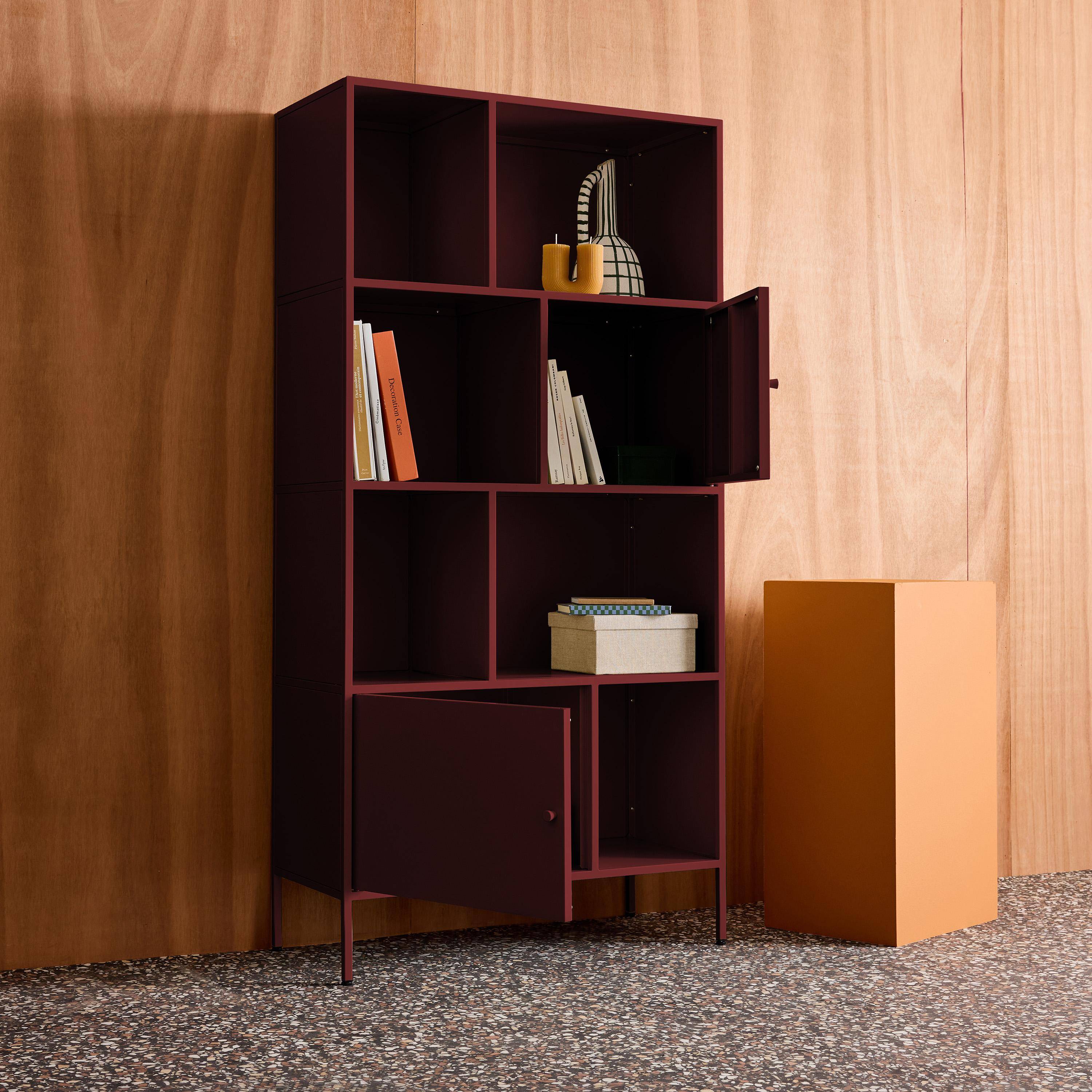 Boekenkast met 8 vakken en 2 deurtjes van metaal, industrieel, bordeauxrood L 80 x B 35 x H 160,5cm - Oklahoma,sweeek,Photo3