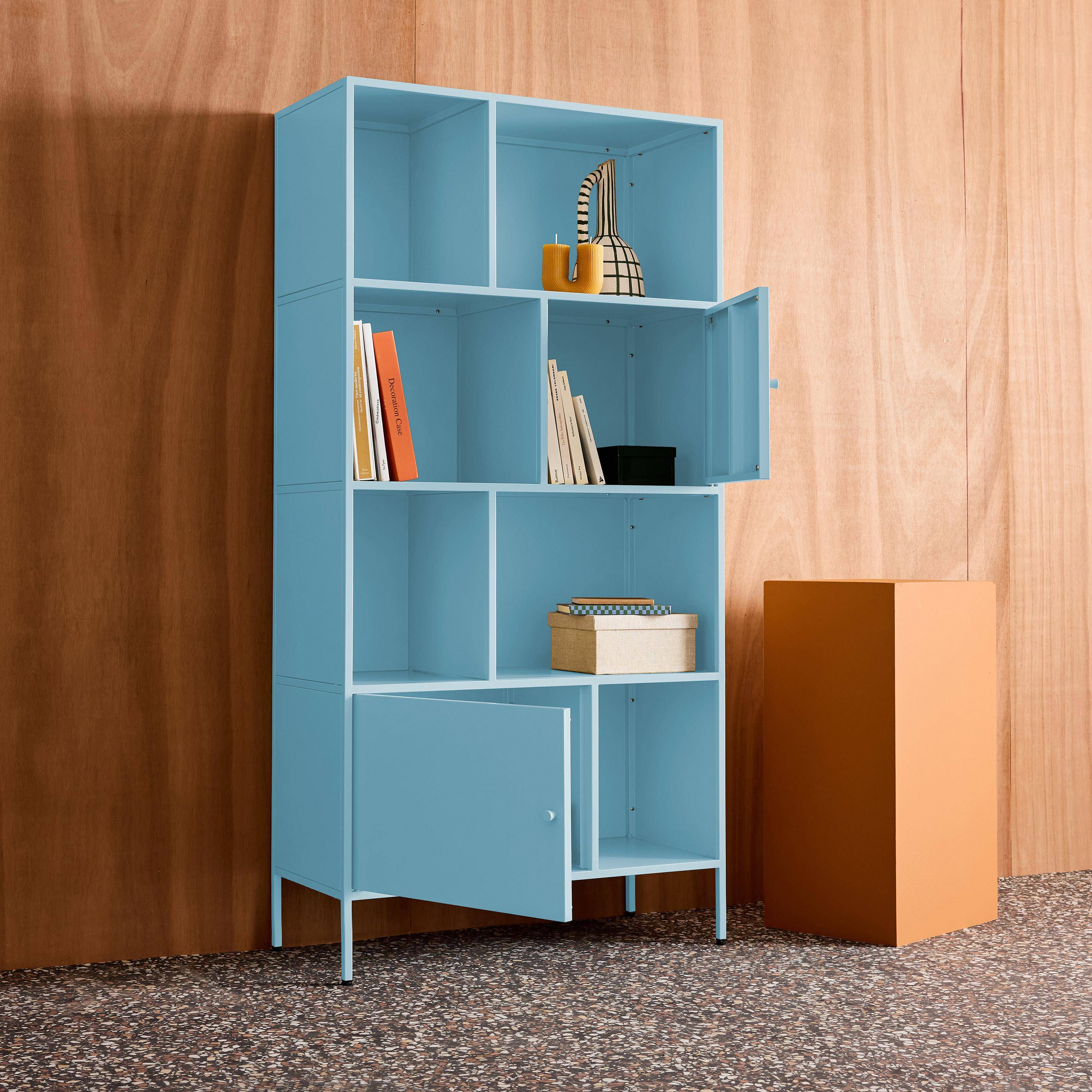 Buffet, meuble de rangement industriel métal bleu clair 8 compartiments, L 80 x P 35 x H 160,5cm - Oklahoma Photo3