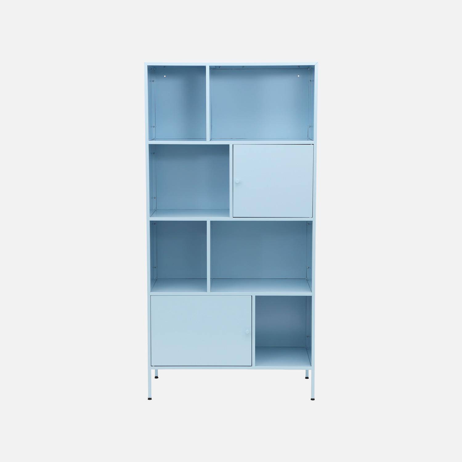 Buffet, meuble de rangement industriel métal bleu clair 8 compartiments, L 80 x P 35 x H 160,5cm - Oklahoma Photo2
