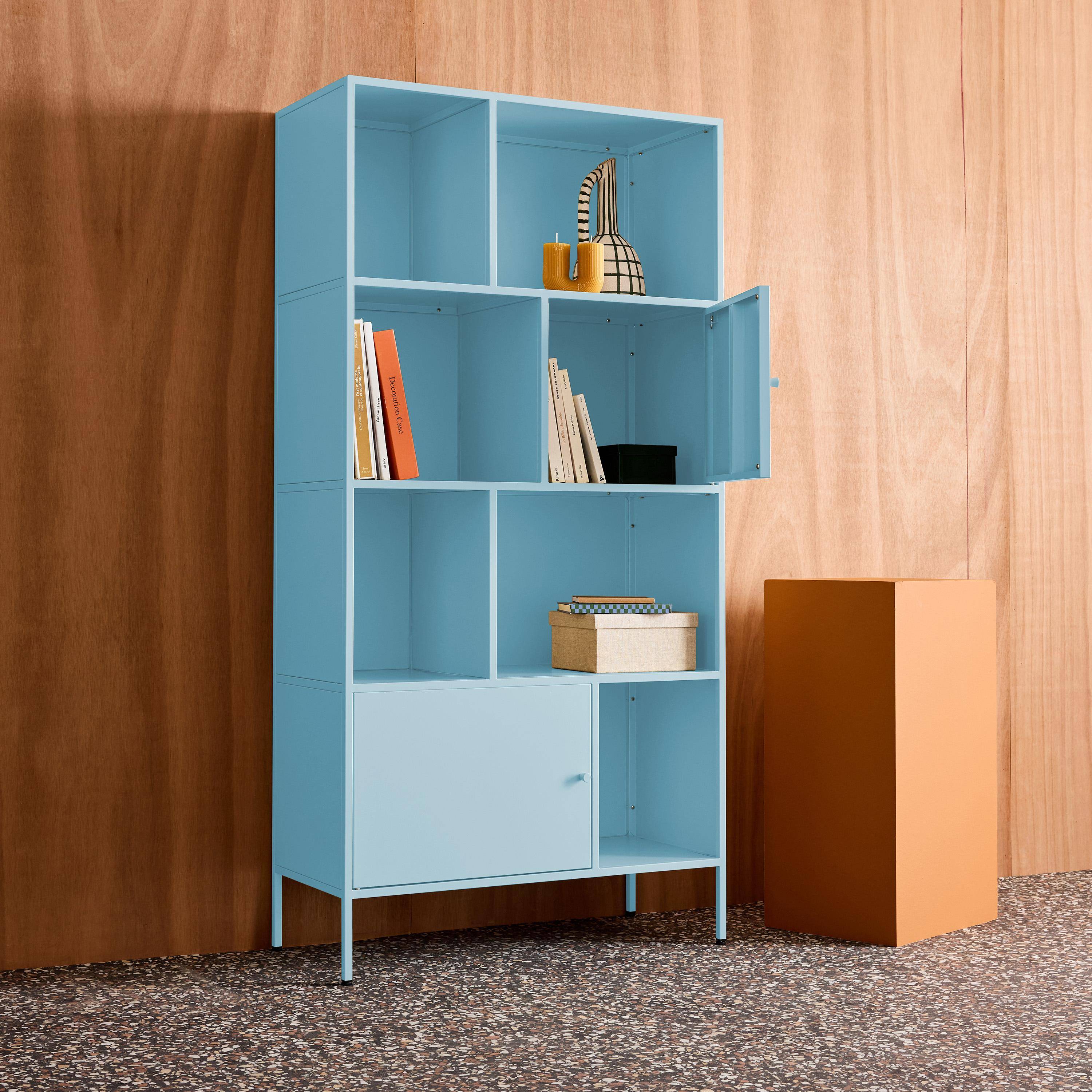 Buffet, meuble de rangement industriel métal bleu clair 8 compartiments, L 80 x P 35 x H 160,5cm - Oklahoma Photo4