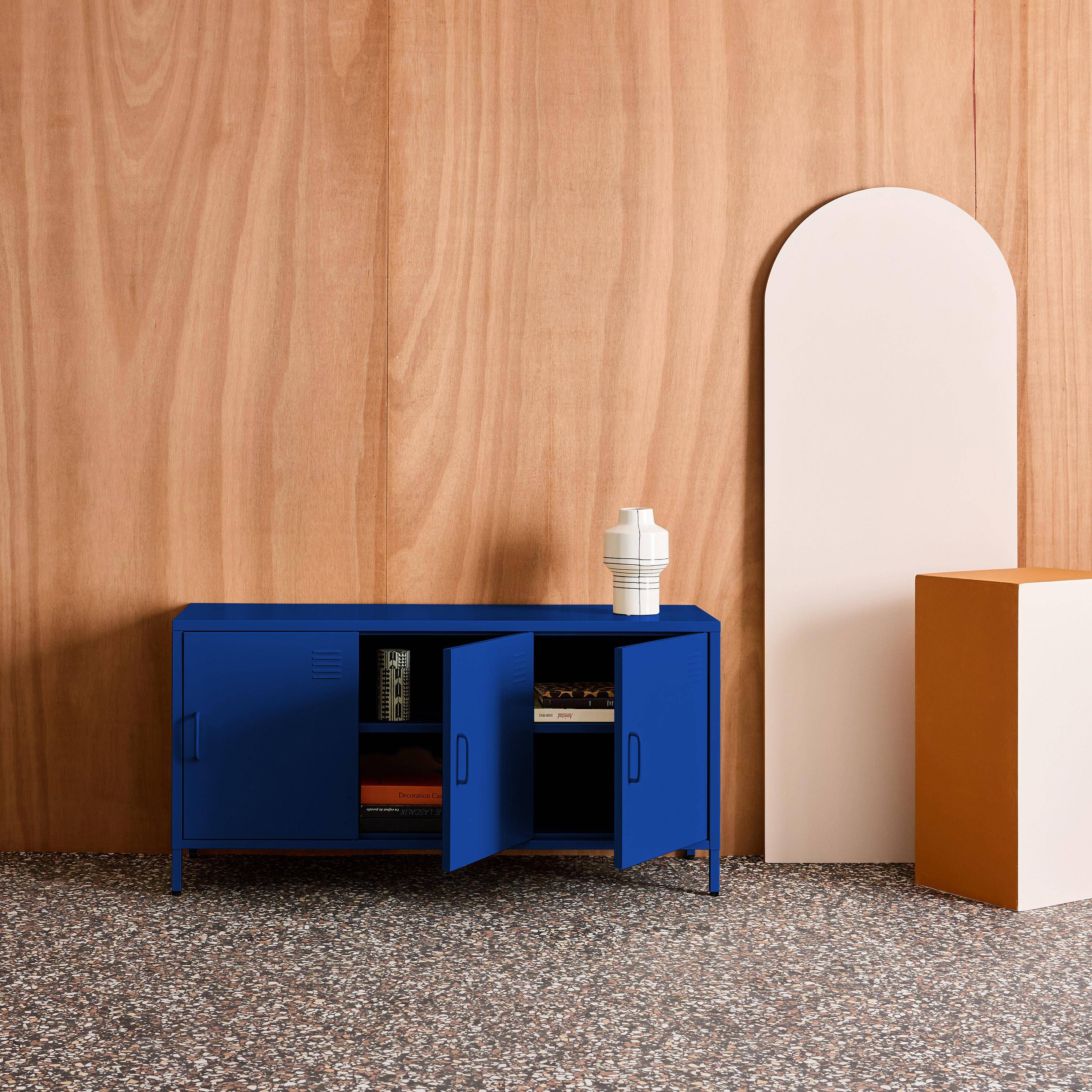 Meuble TV industriel métal bleu 3 portes 120cm - Alabama Photo3