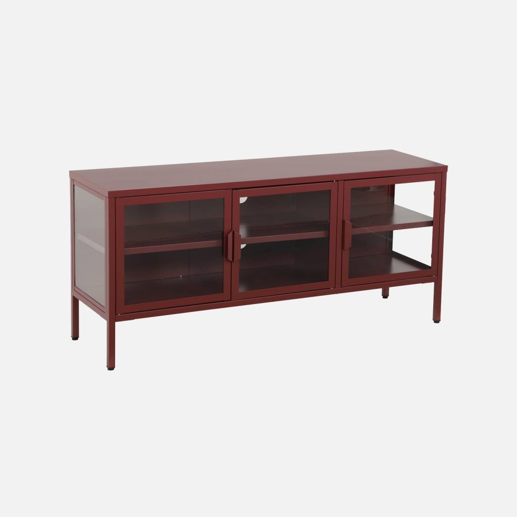 Meuble TV industriel métal et verre trempé 3 portes 120cm bordeaux