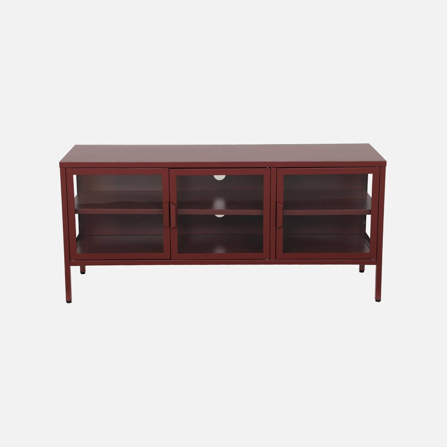 Mueble de TV industrial de metal y vidrio templado con 3 puertas, 120cm, Arkansas, Burdeos, 120x35x55 cm Photo2