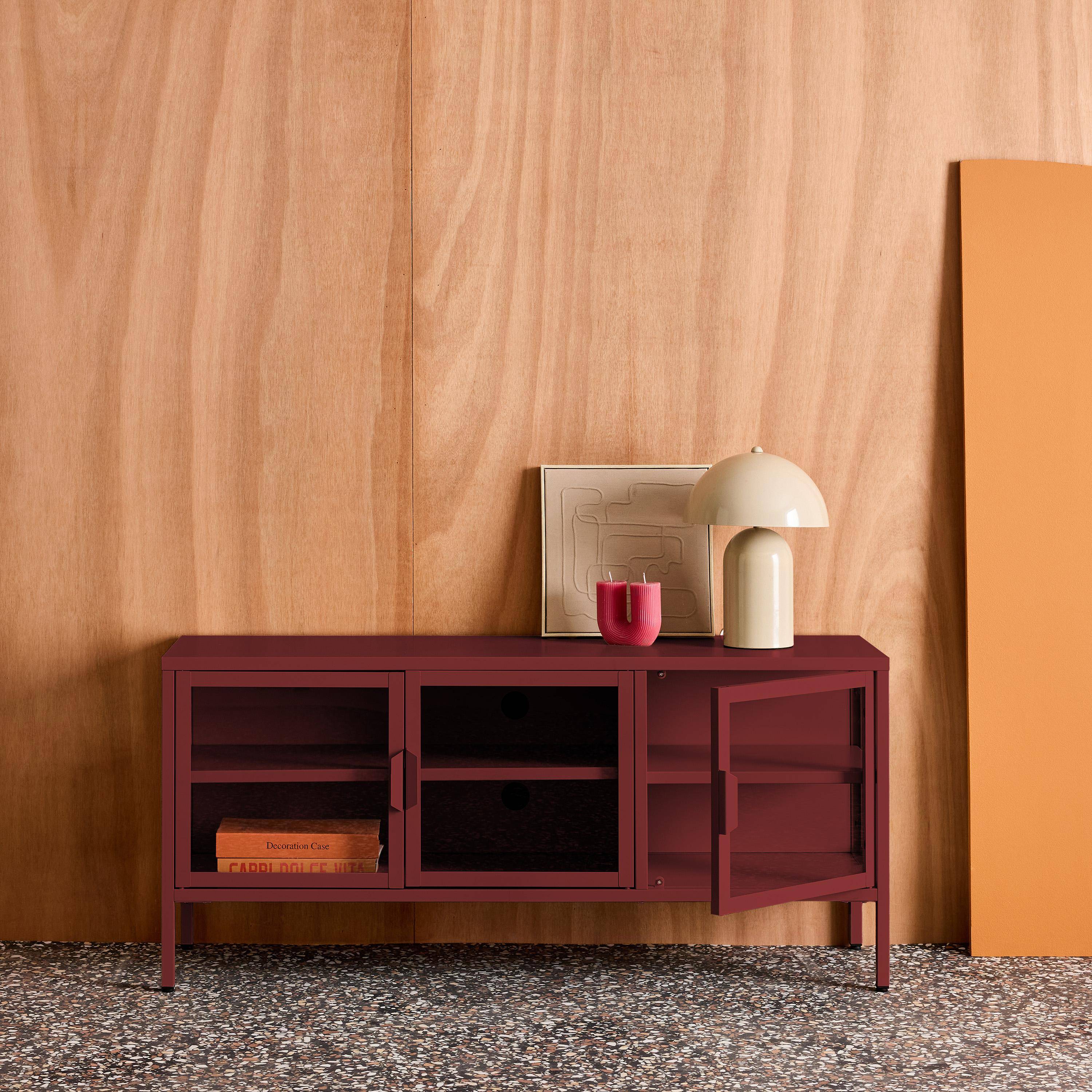Meuble TV industriel métal et verre trempé 3 portes 120cm bordeaux - Arkansas Photo2