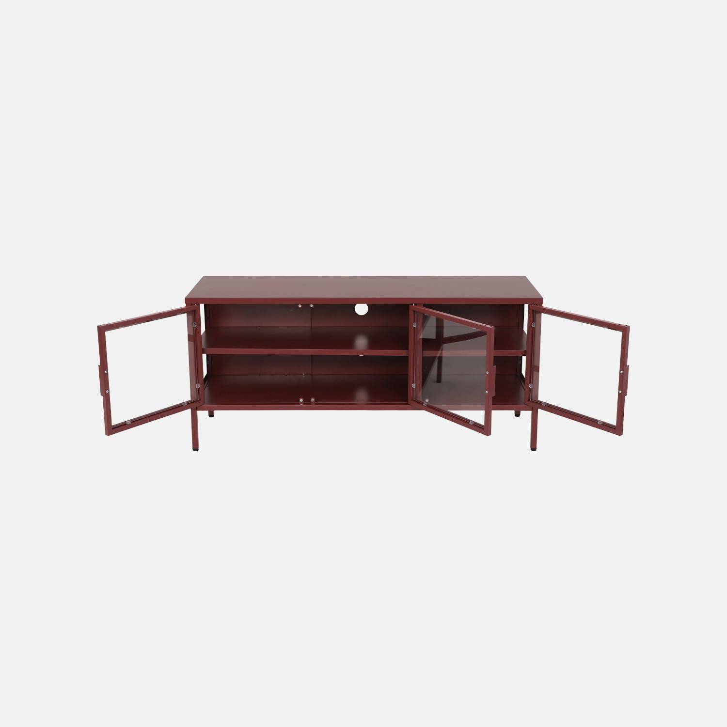 Mueble de TV industrial de metal y vidrio templado con 3 puertas, 120cm, Arkansas, Burdeos, 120x35x55 cm,sweeek,Photo3