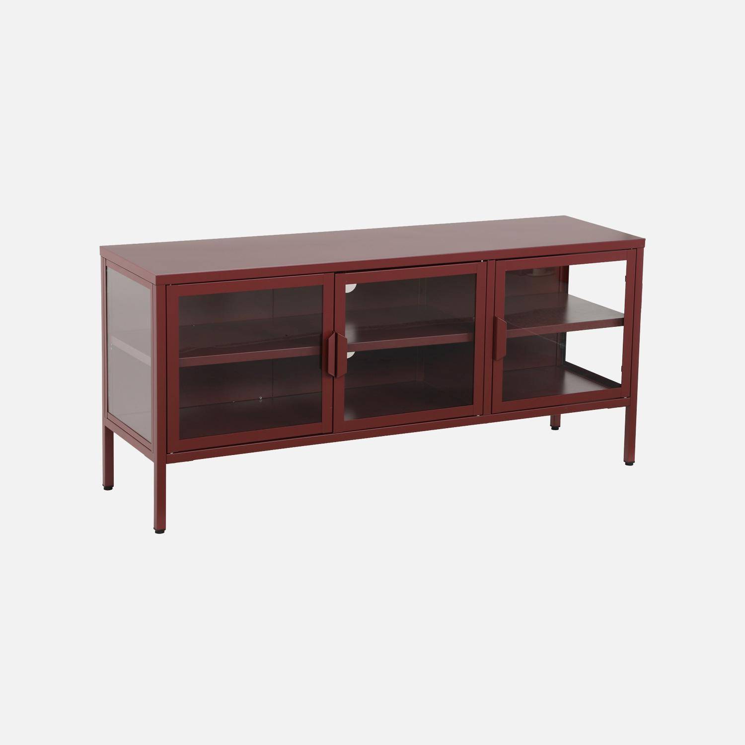 Mueble de TV industrial de metal y vidrio templado con 3 puertas, 120cm, Arkansas, Burdeos, 120x35x55 cm,sweeek,Photo1