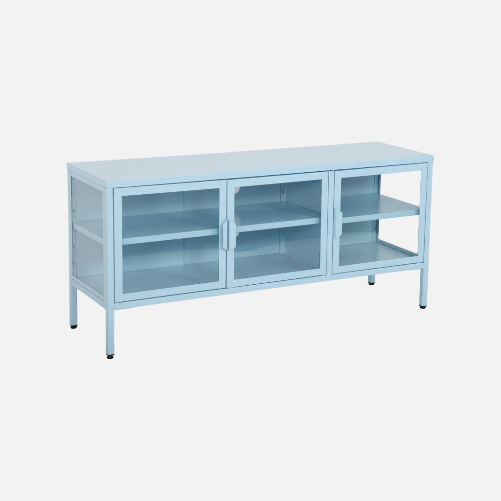 Meuble TV industriel métal et verre trempé 3 portes 120cm bleu clair