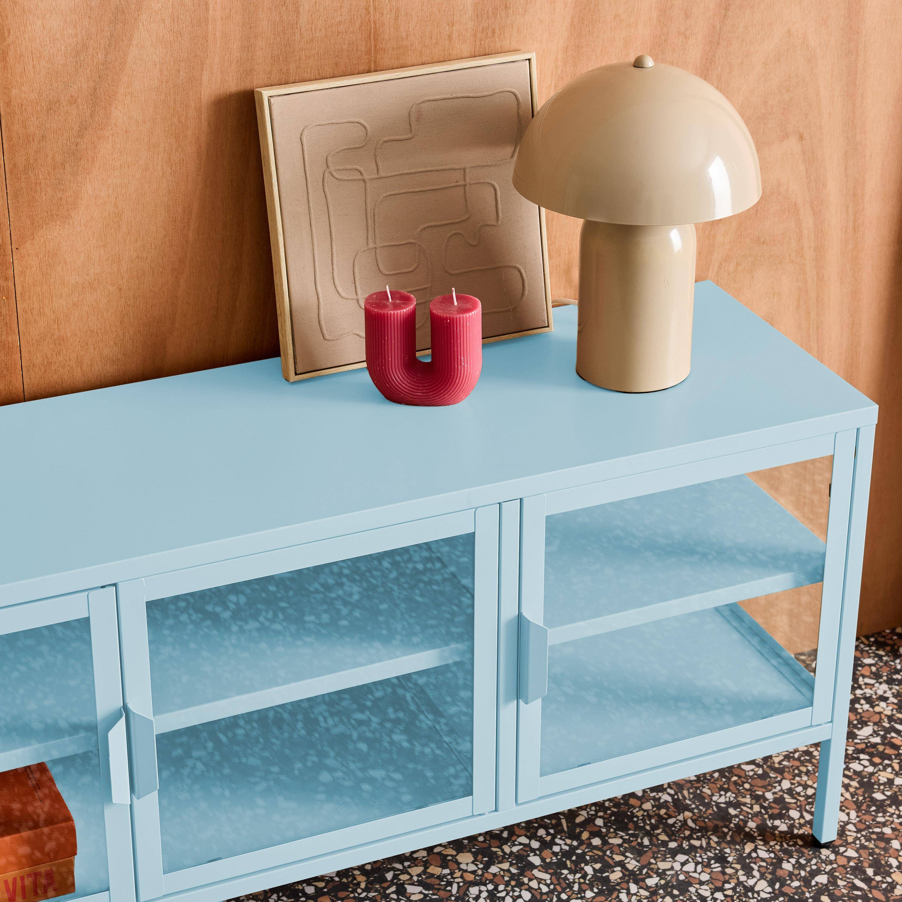Meuble TV industriel métal et verre trempé 3 portes 120cm bleu clair - Arkansas,sweeek,Photo5