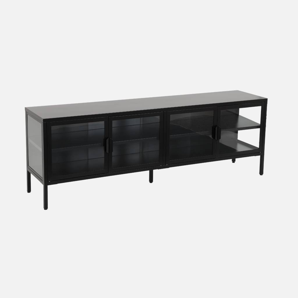 Móvel TV industrial metal e vidro temperado 4 portas, 160cm, Preto