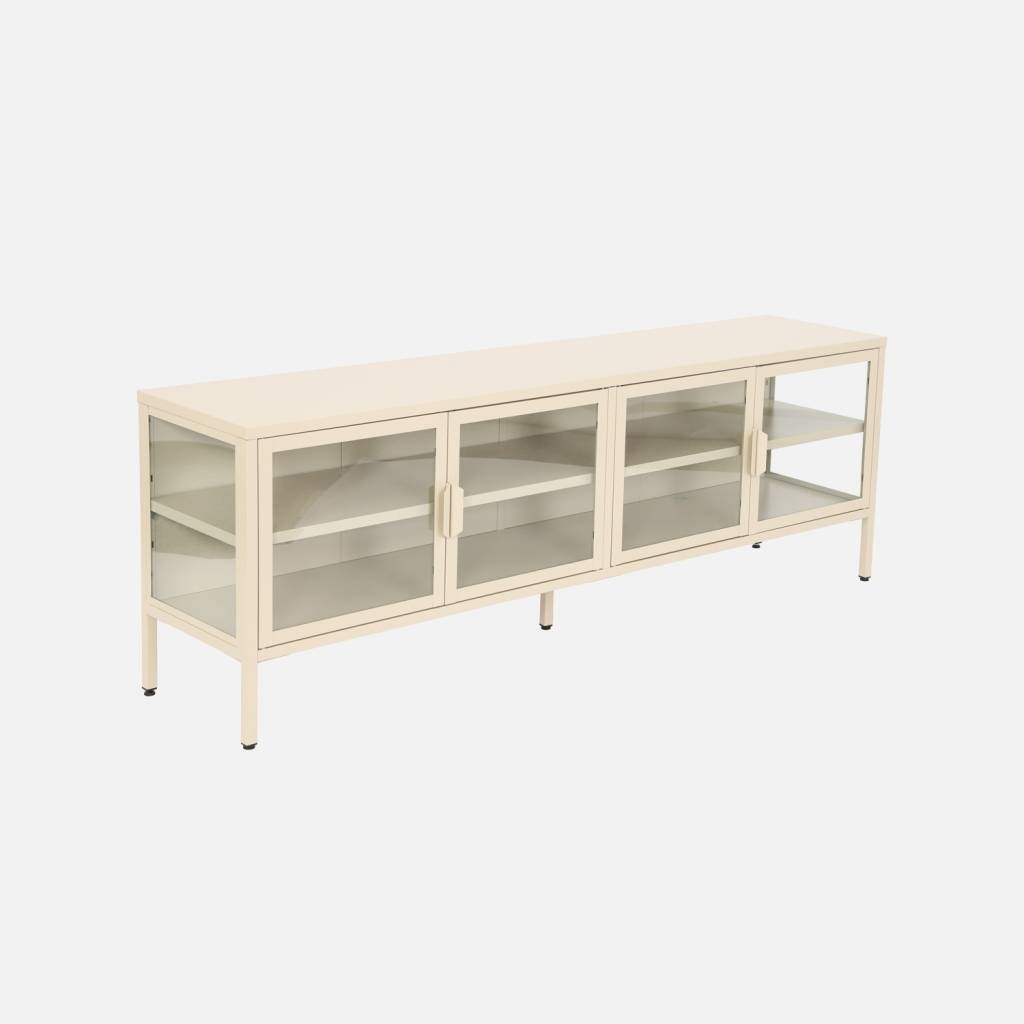 Meuble TV métal et verre trempé 4 portes 160cm crème
