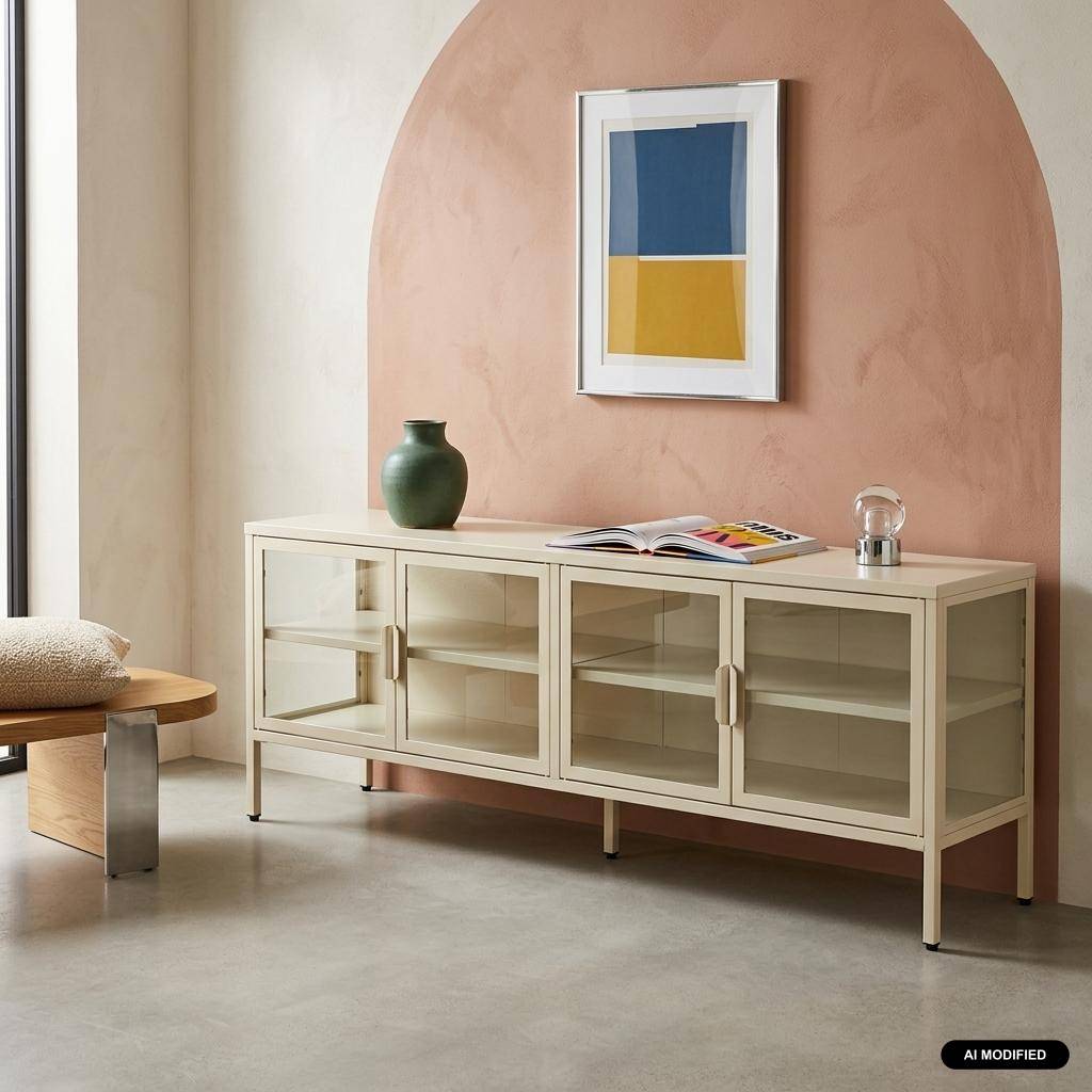TV-meubel vitrine gehard glas en staal 4 deuren industrieel 160cm crème - Arkansas,sweeek,Photo1