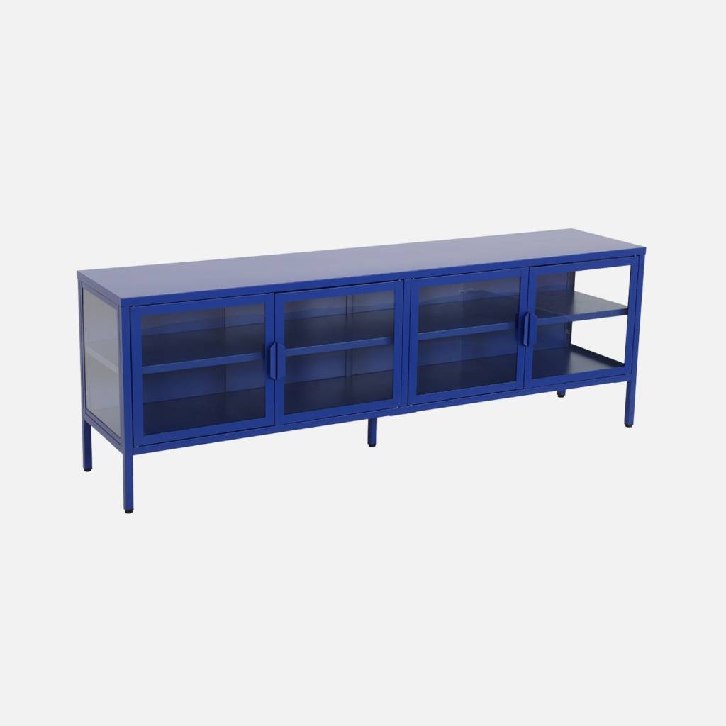 Meuble TV métal et verre trempé 4 portes 160cm bleu