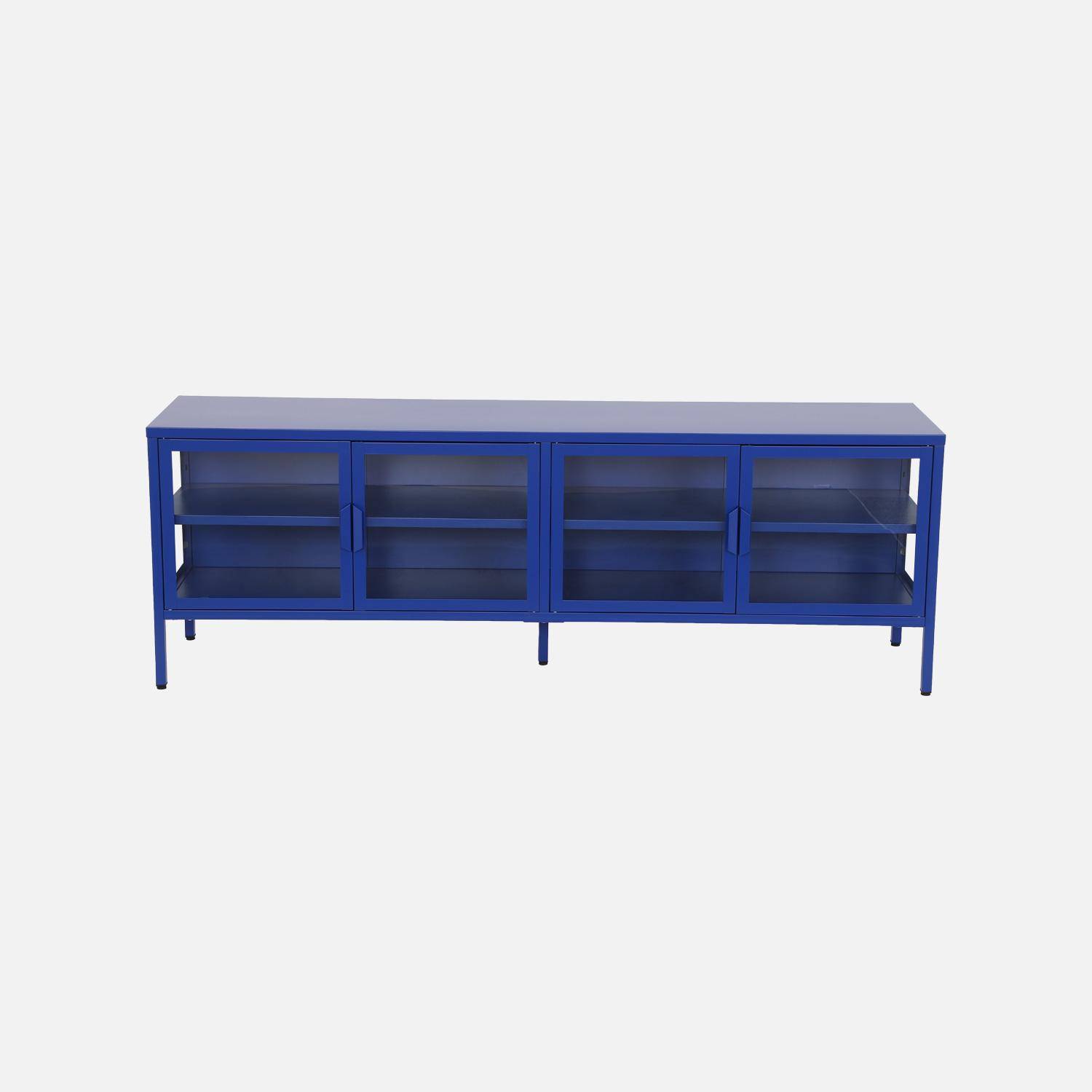 Meuble TV industriel métal et verre trempé 4 portes 160cm bleu - Arkansas Photo2