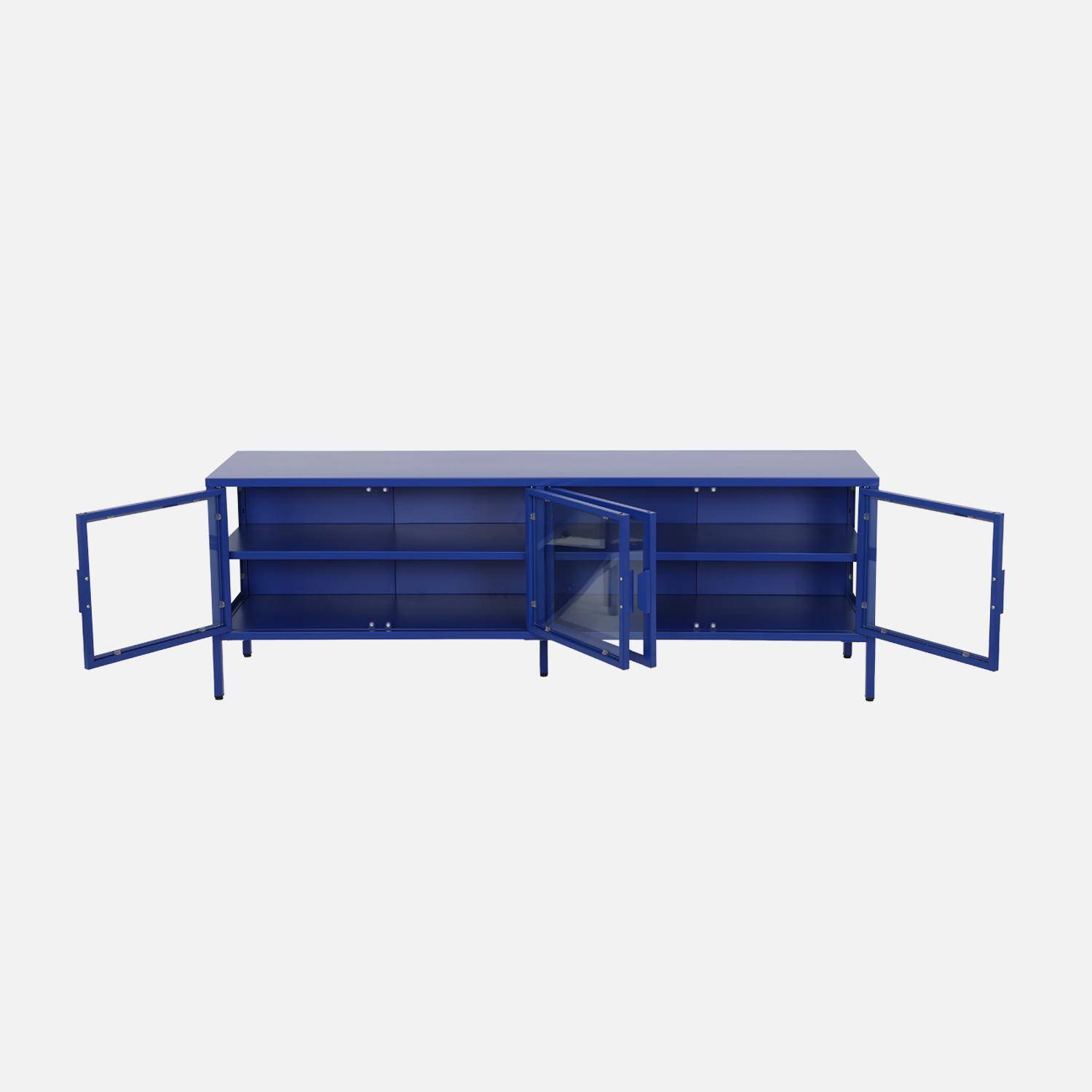 Meuble TV industriel métal et verre trempé 4 portes 160cm bleu - Arkansas Photo3