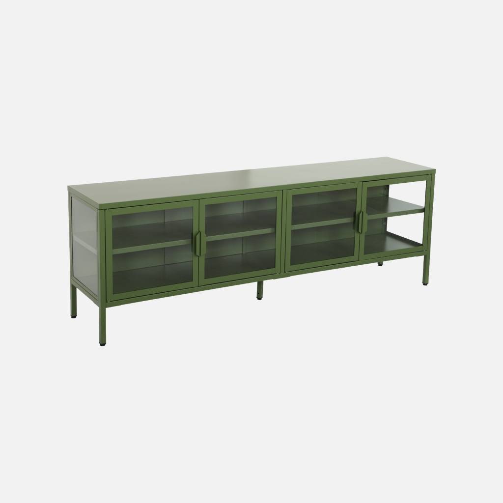 Meuble TV métal et verre trempé 4 portes 160cm vert