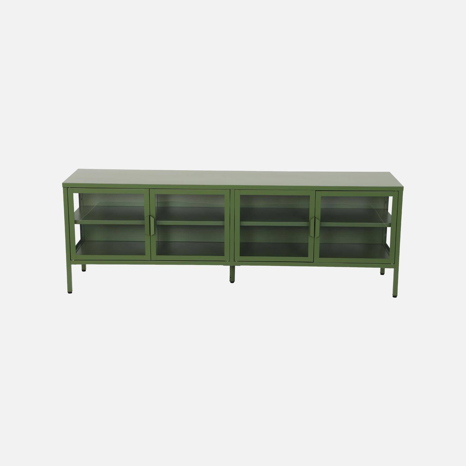 Meuble TV industriel métal et verre trempé 4 portes 160cm vert - Arkansas Photo2