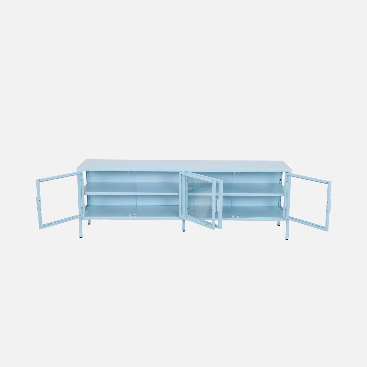 Meuble TV industriel métal et verre trempé 4 portes 160cm bleu clair - Arkansas Photo3