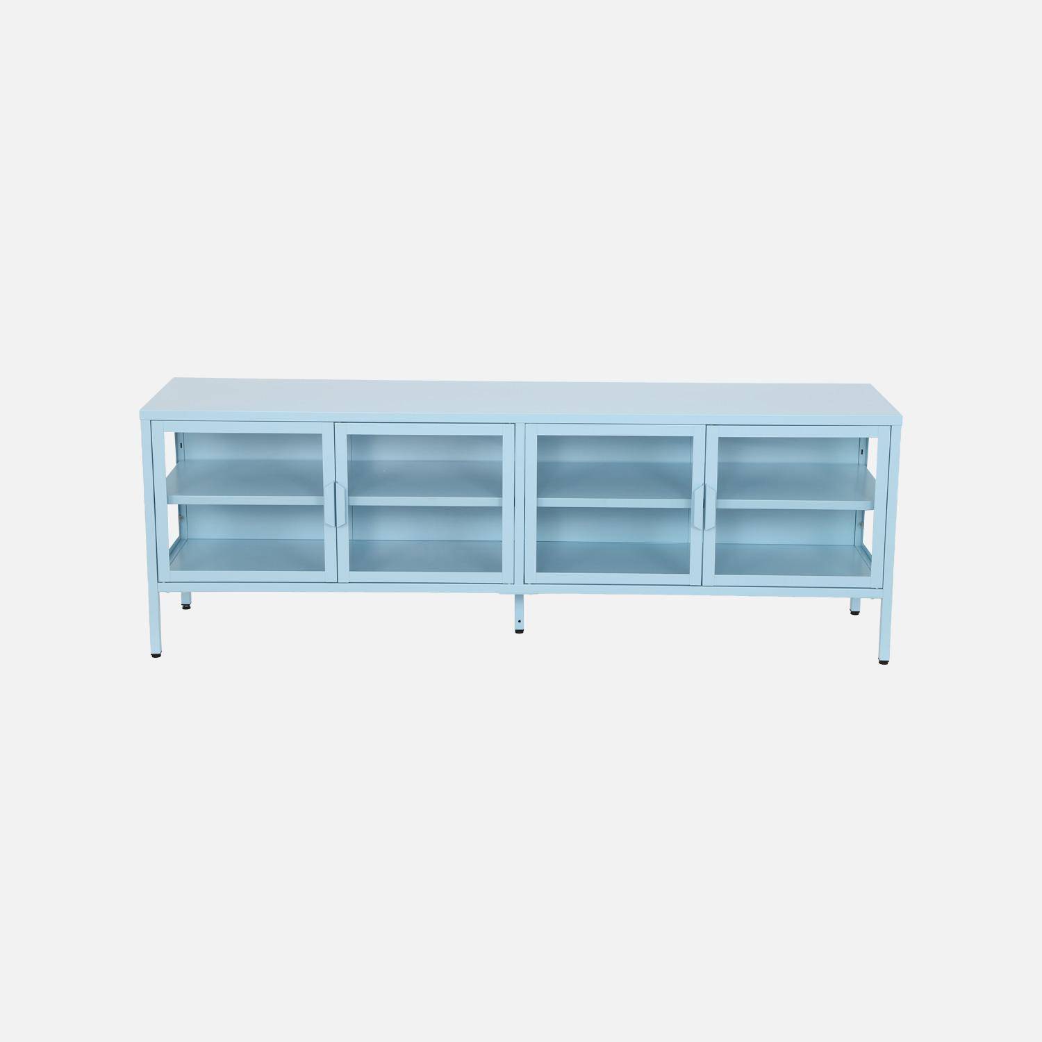 Meuble TV industriel métal et verre trempé 4 portes 160cm bleu clair - Arkansas Photo2