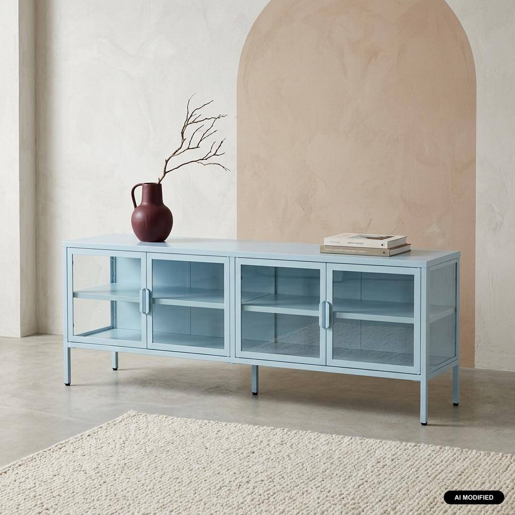 TV-meubel vitrine gehard glas en staal 4 deuren industrieel 160cm lichtblauw - Arkansas,sweeek,Photo1