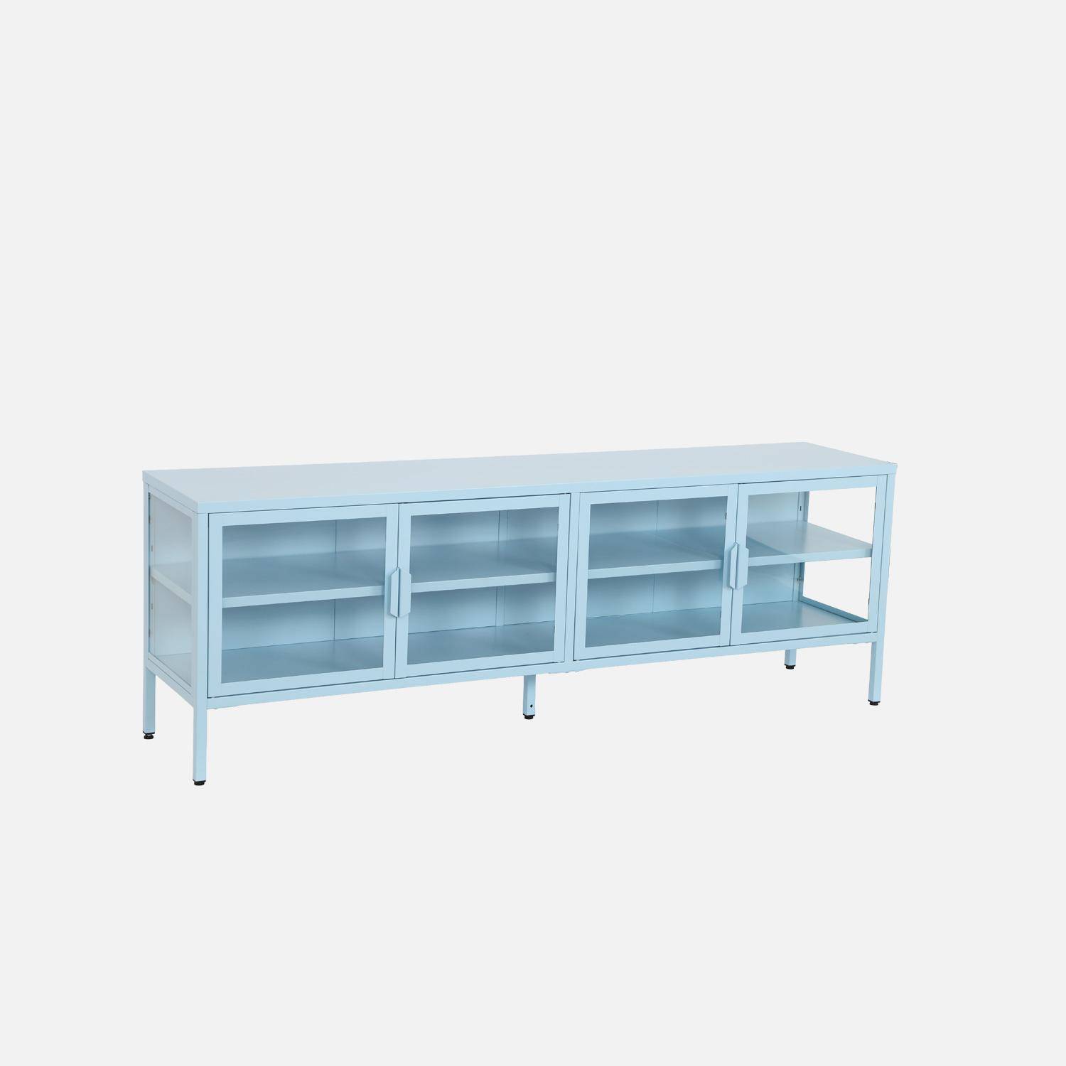 Meuble TV industriel métal et verre trempé 4 portes 160cm bleu clair - Arkansas,sweeek,Photo1