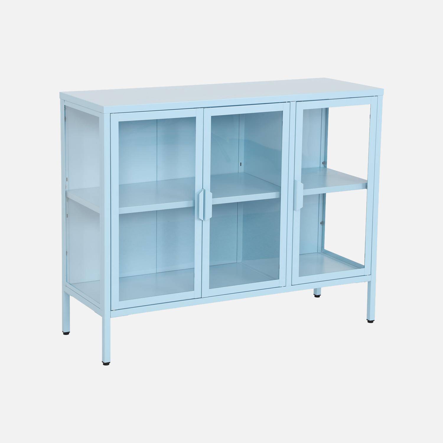 Buffet industriel métal et verre trempé 3 portes 100cm bleu clair - Arkansas Photo3