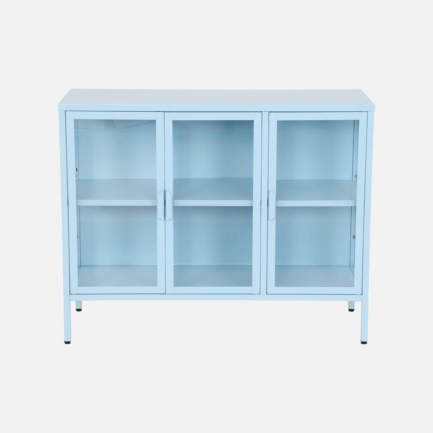 Buffet industriel métal et verre trempé 3 portes 100cm bleu clair - Arkansas Photo4