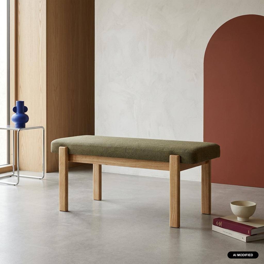 Bank, Bettbank aus Heveaholz natur mit strukturiertem Bezug in khaki - Noma Photo1