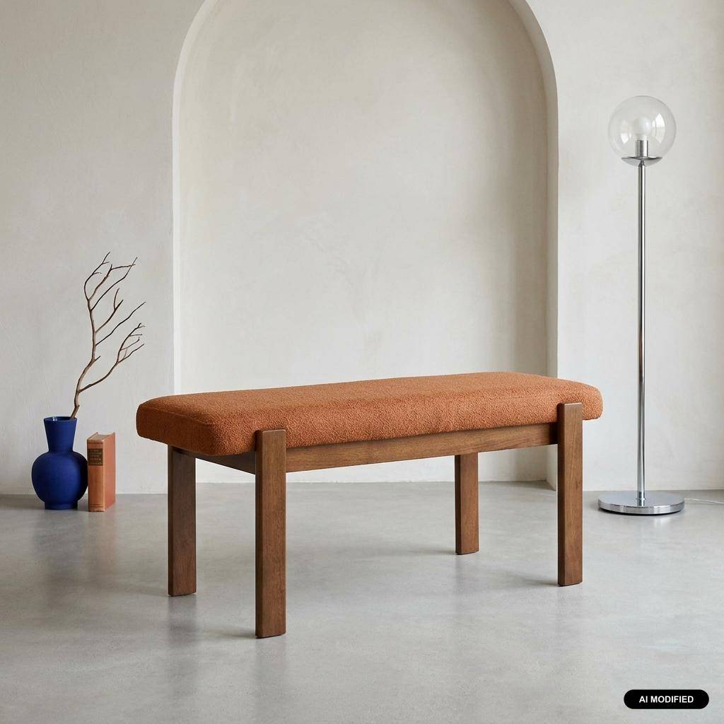 Banc, bout de lit bois d'hévéa teinte noyer et tissu texturé terracotta - Noma Photo1
