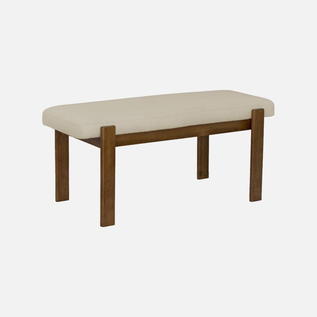 Banc bois d'hévéa noyer et tissu texturé blanc cassé
