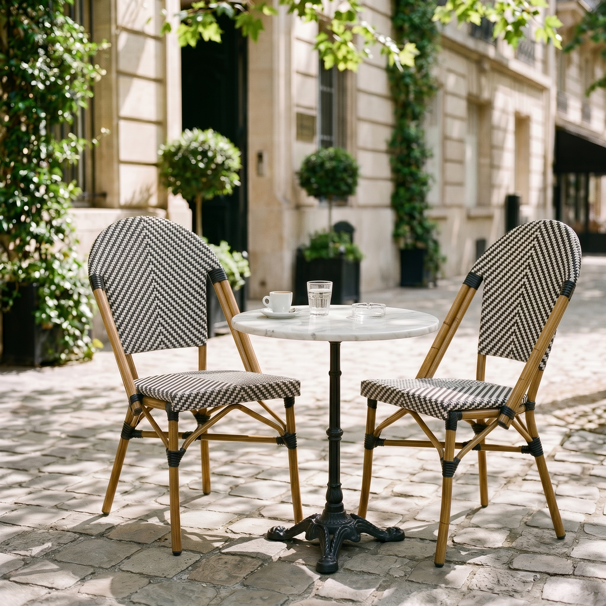 2 chaises de terrasse bistrot en textile et aluminium motif chevrons noir et blanc - Rivoli Photo1