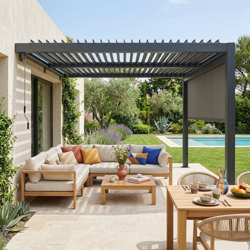 Pérgola bioclimática de aluminio adosada 3x3m + 1 toldo 3m , Palace 3x3m adosada + accesorio, Antracita, 293x289x224 cm Photo1