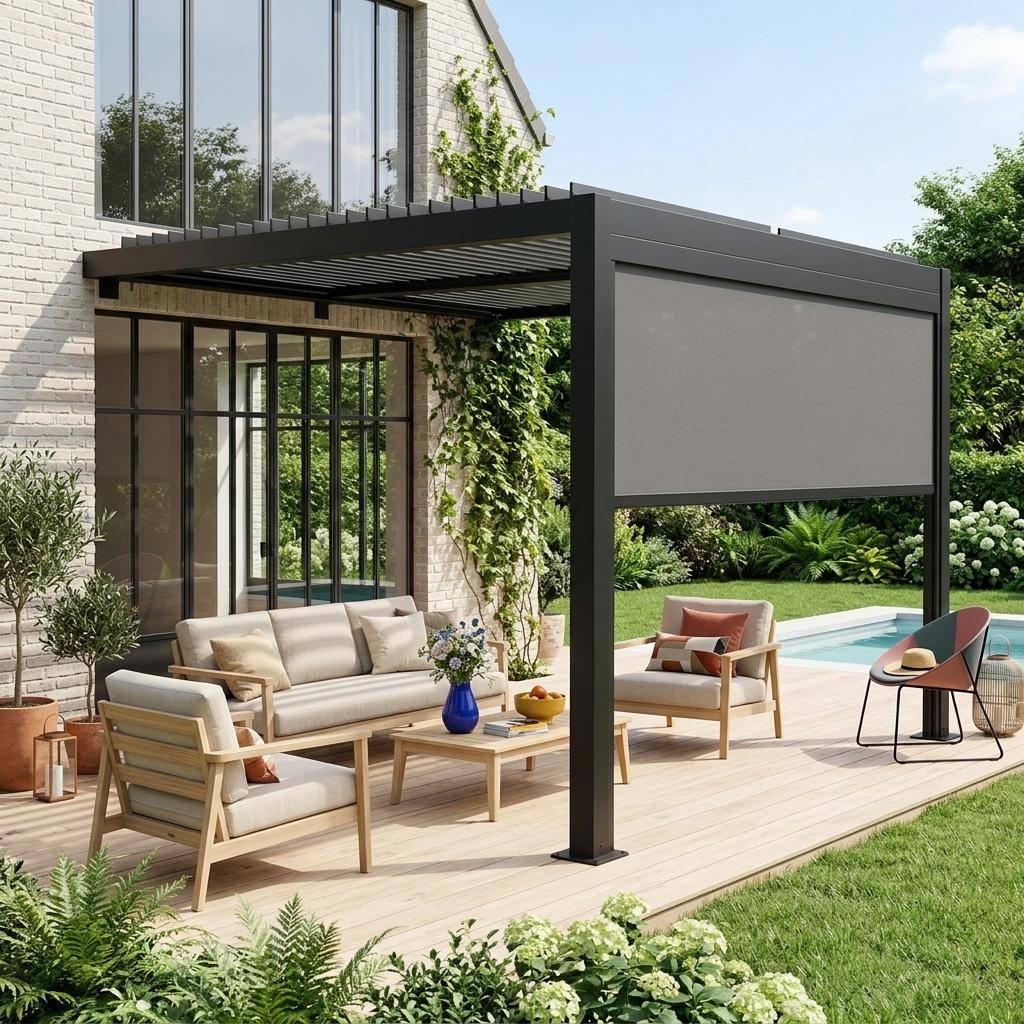 Pergola bioclimatique aluminium adossée 3x3m noir + 1 store 3m Palace,sweeek,Photo1