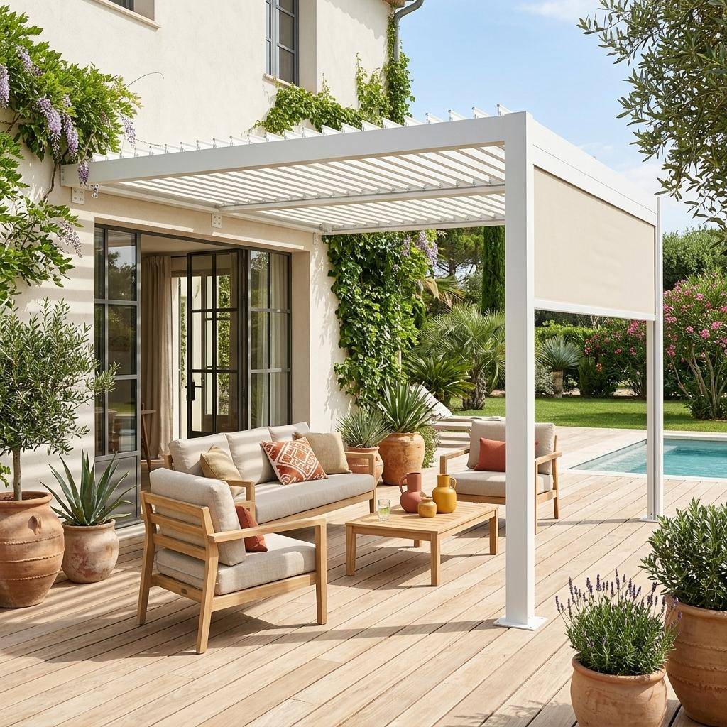 Pérgola bioclimática de alumínio encostada 3x3m + 1 estore 3m , Palace 3x3m encostada + acessório, Branco, 293x289x224 cm,sweeek,Photo1