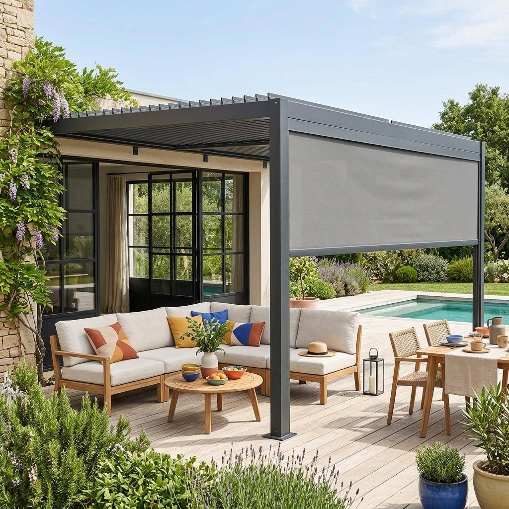 Pergola bioclimatique aluminium adossée 4x3m anthracite + 1 store 4m Palace Photo1