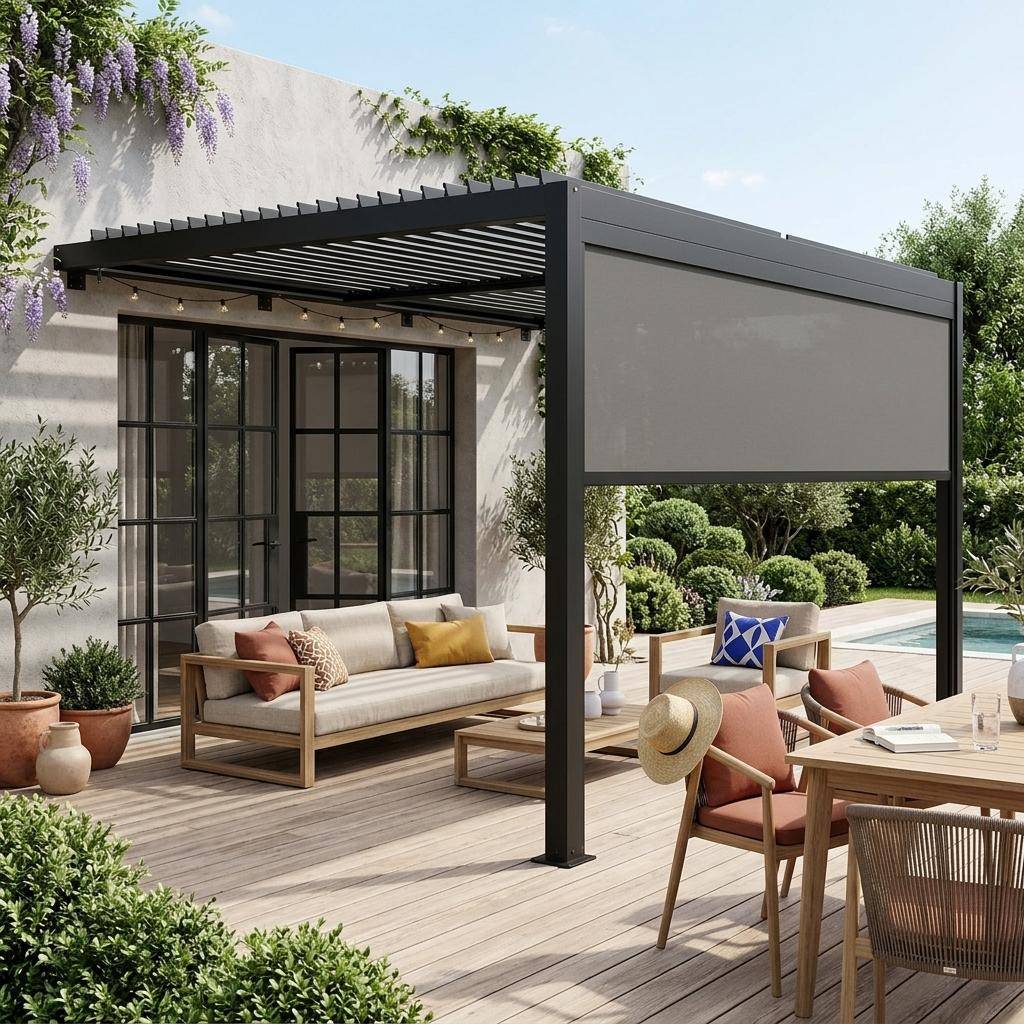 Pergola bioclimatica in alluminio addossata 4x3m + 1 tenda 4m , Palace 4x3m adossata + accessorio, Nero, 388x292x224 cm Photo1