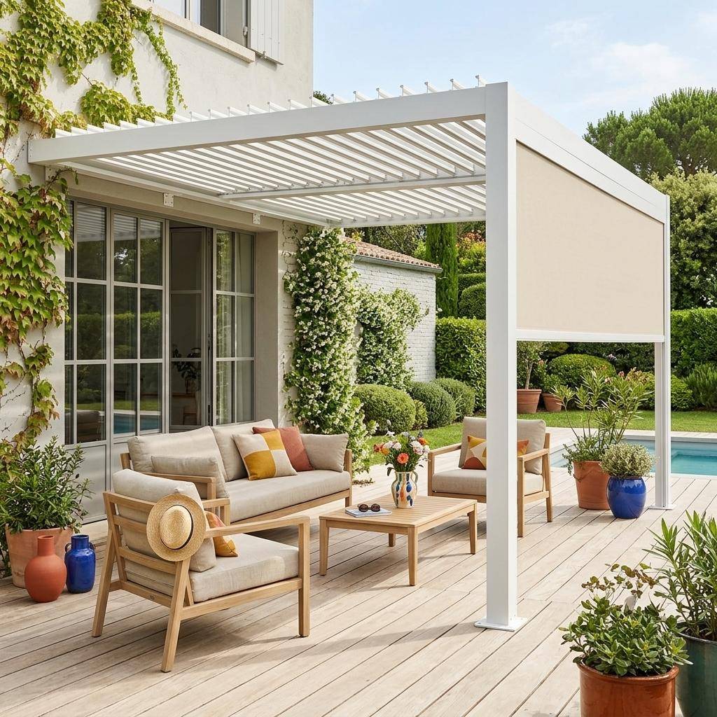 Pergola bioclimatica in alluminio addossata 4x3m + 1 tenda 4m , Palace 4x3m adossata + accessorio, Bianco, 388x292x224 cm Photo1