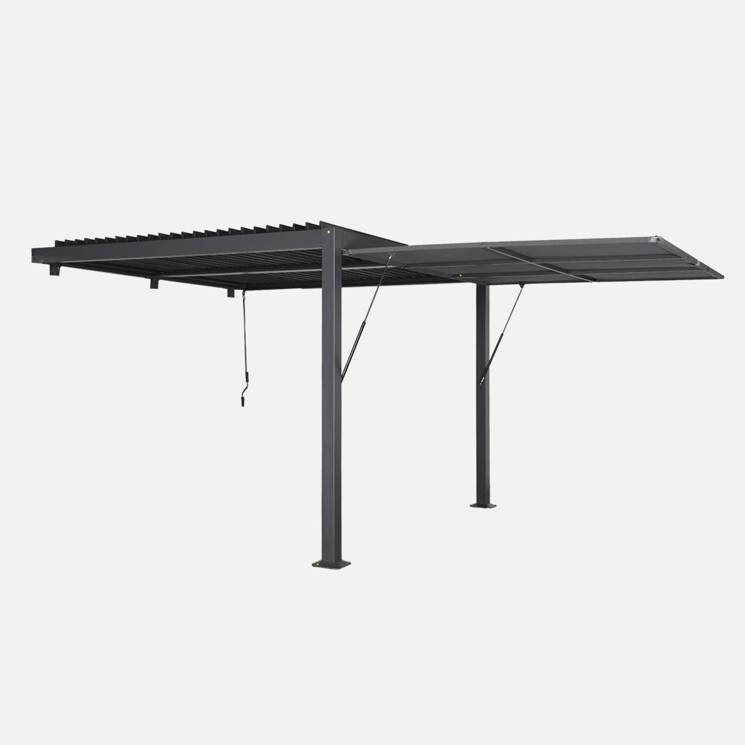 Pergola bioclimatique aluminium adossée 3x3m anthracite +  auvent 3m Palace Photo2