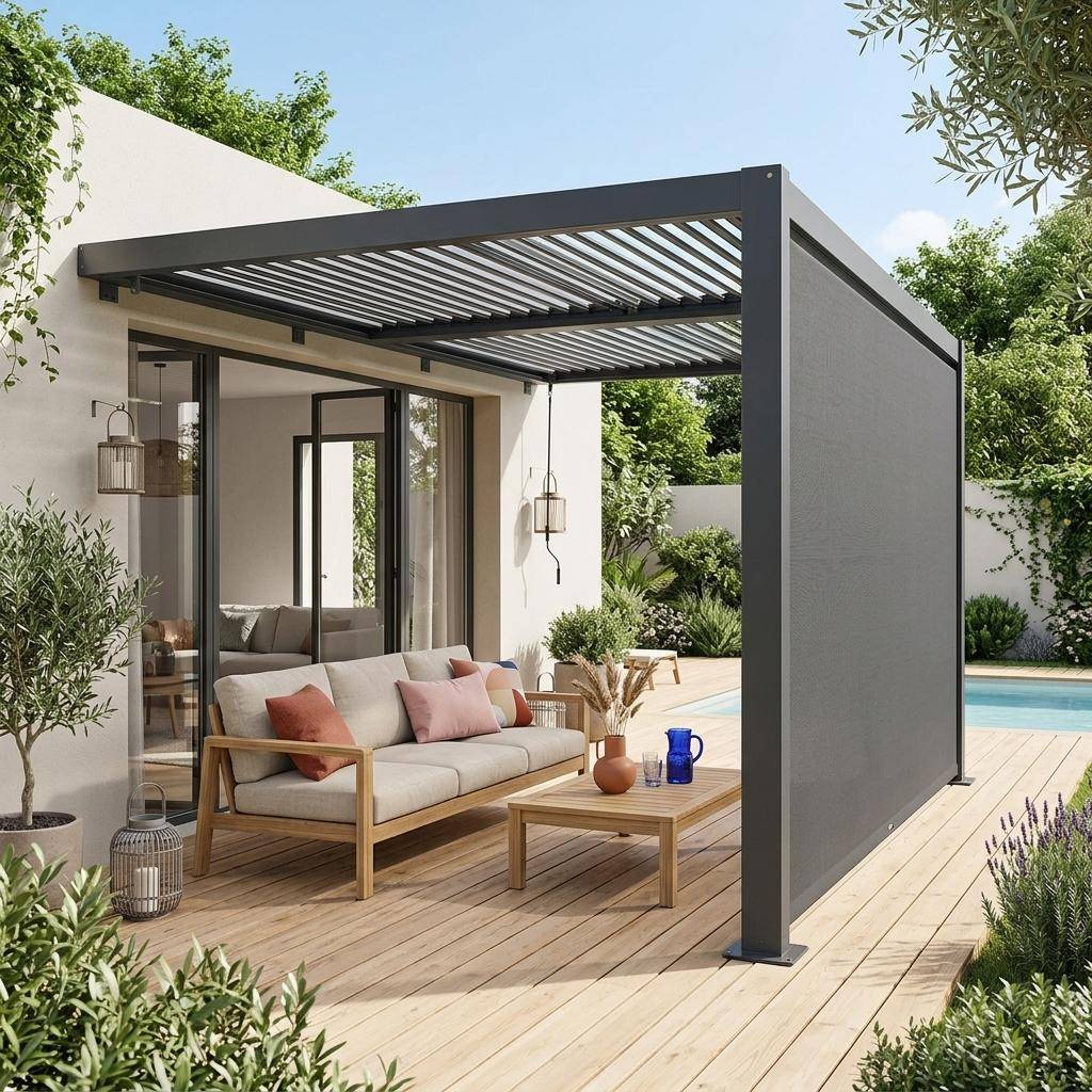 Pergola bioclimatique aluminium adossée 4x3m anthracite + 1 auvent 4m Palace Photo1