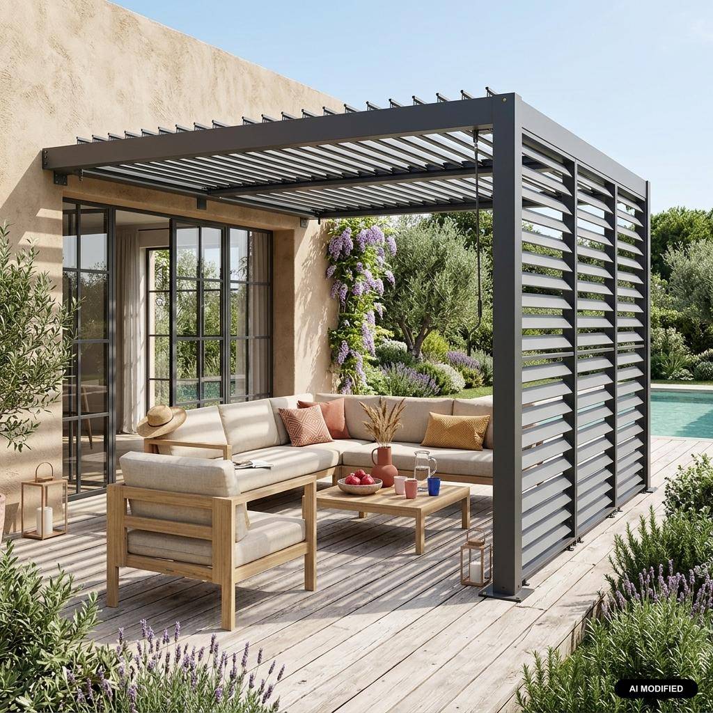 Pergola bioclimatique aluminium adossée 3x3m anthracite + 3 persiennes 100cm Palace Photo1