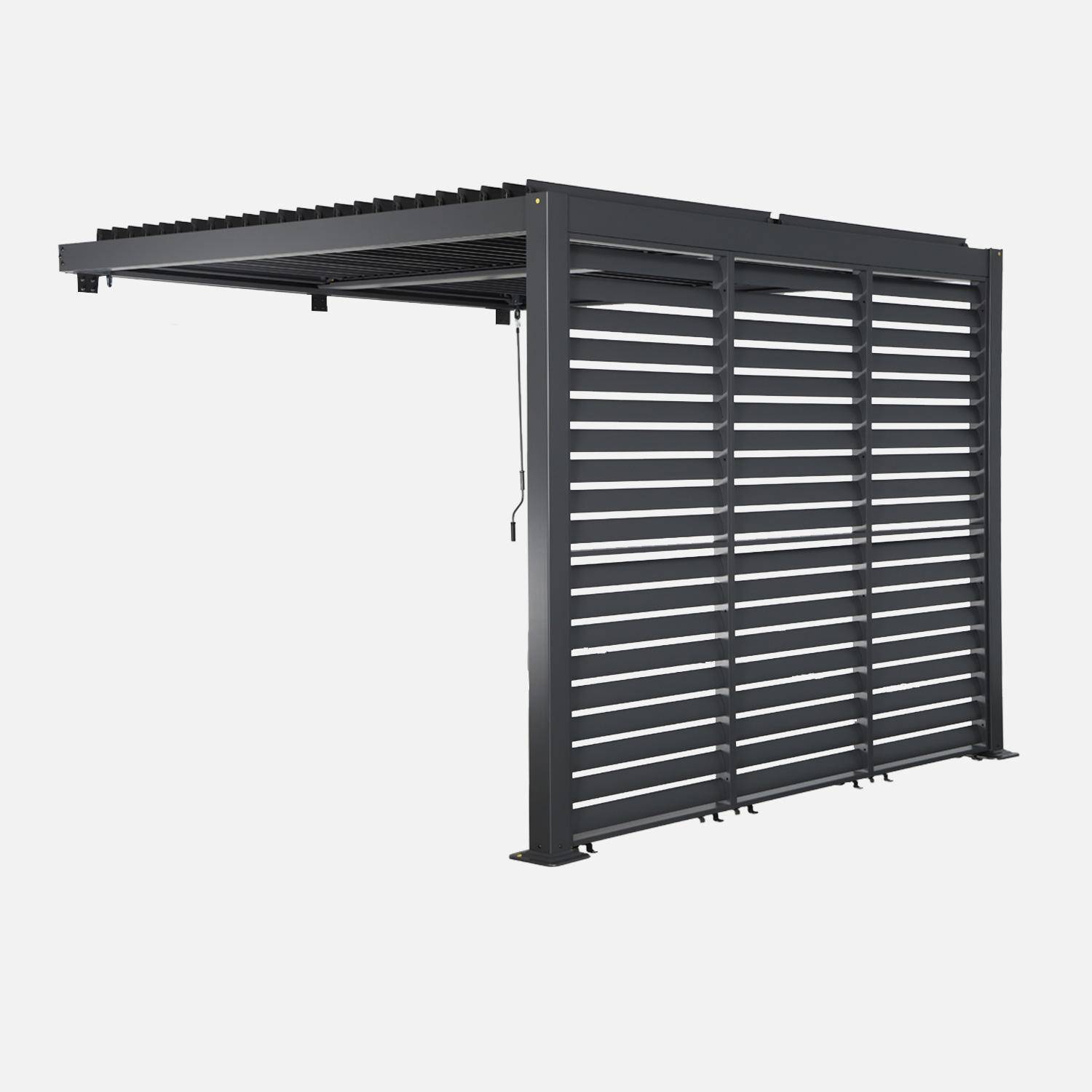 Pergola bioclimatique aluminium adossée 3x3m anthracite + 3 persiennes 100cm Palace Photo2