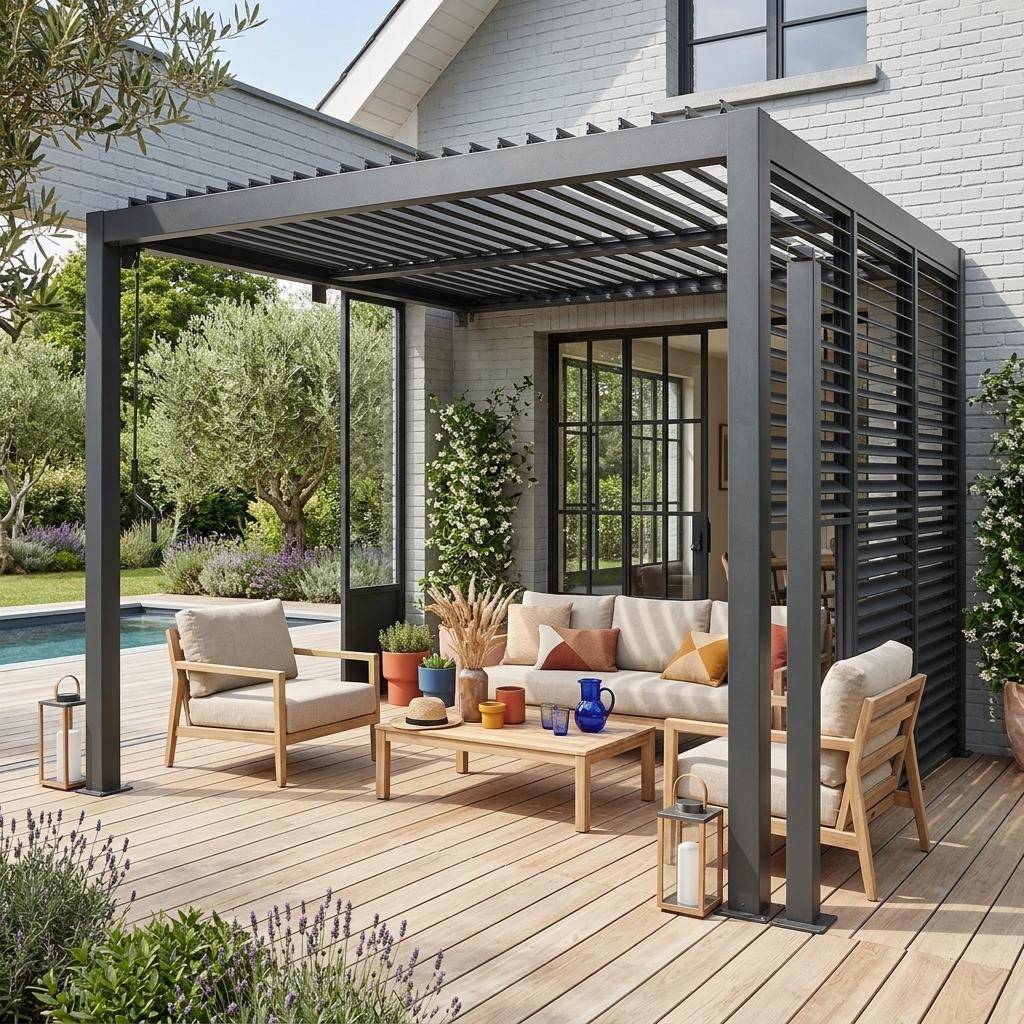 Pérgola bioclimática de aluminio adosada 3x3m + 3 persianas 100cm, Palace 3x3m adosada + accesorios, Antracita, 293x289x224 cm Photo1