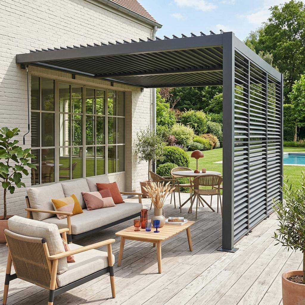 Pergola bioclimatica in alluminio addossata 4x3m + 3 persiane 130cm con lamelle orientabili , Palace 4x3m addossata + accessorio, Antracite, 388x292x224 cm Photo1