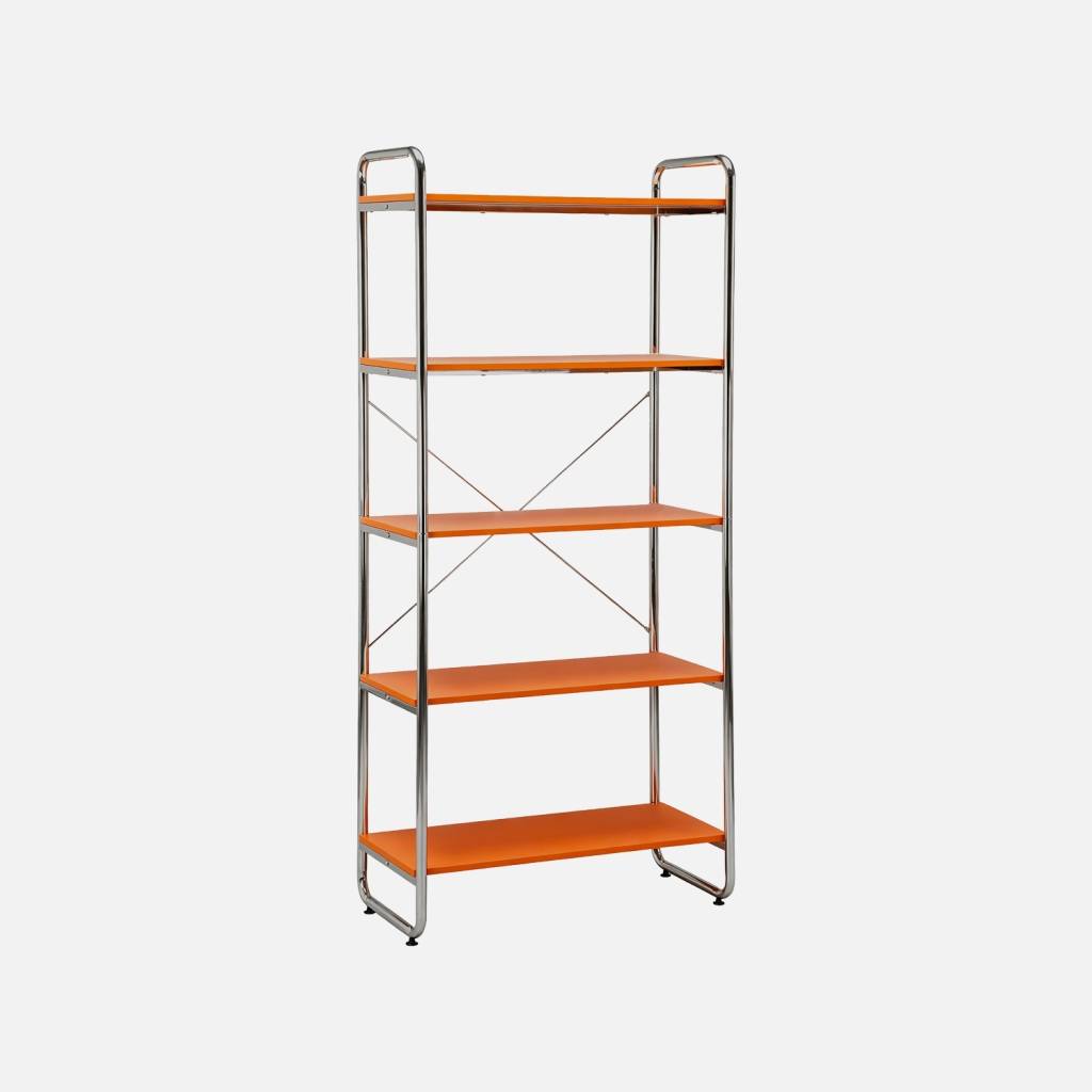 Scaffale libreria in metallo cromato ed effetto legno, 5 livelli, Arancione