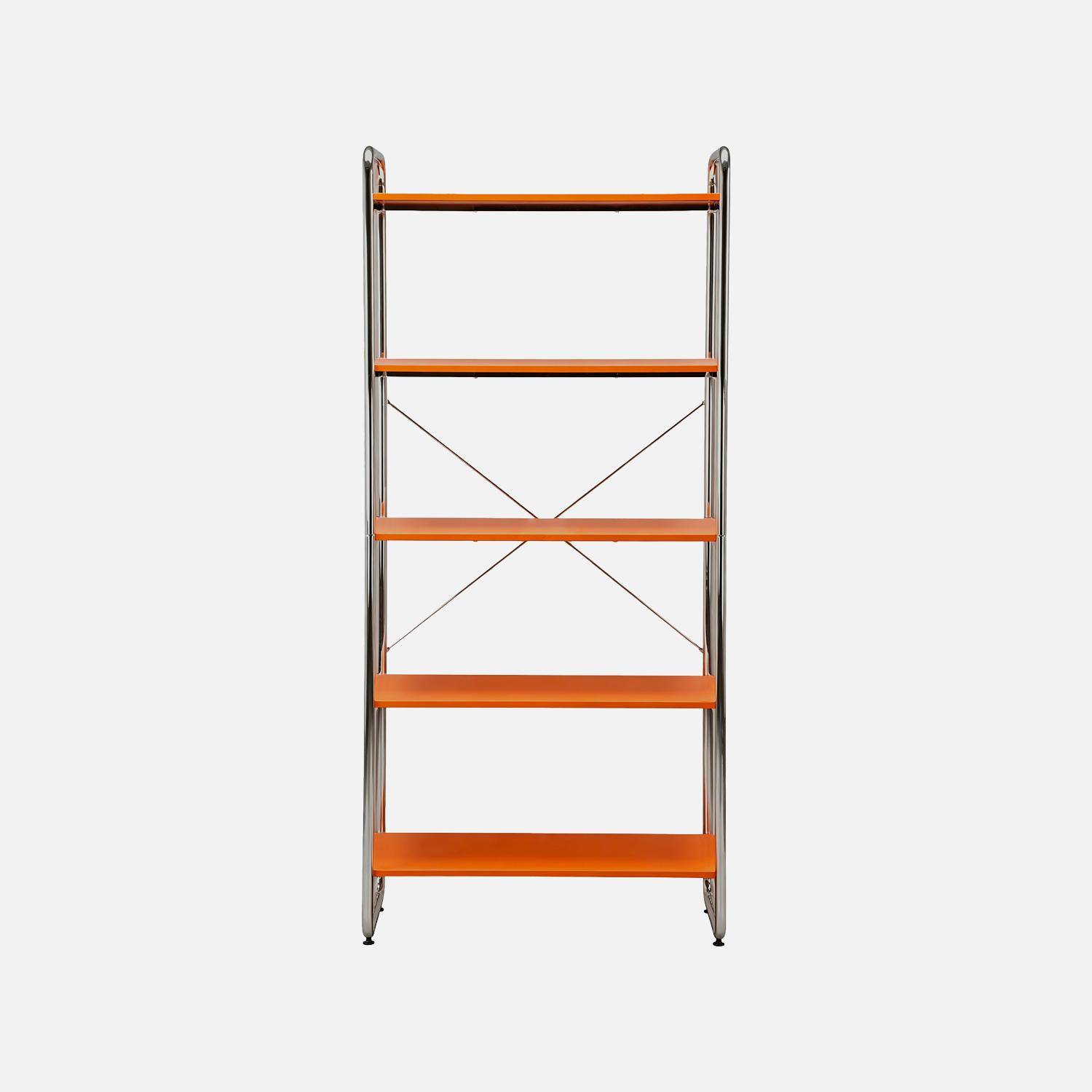 Scaffale libreria in metallo cromato ed effetto legno, 5 livelli, Lennox, Arancione, 80x40x180 cm Photo2