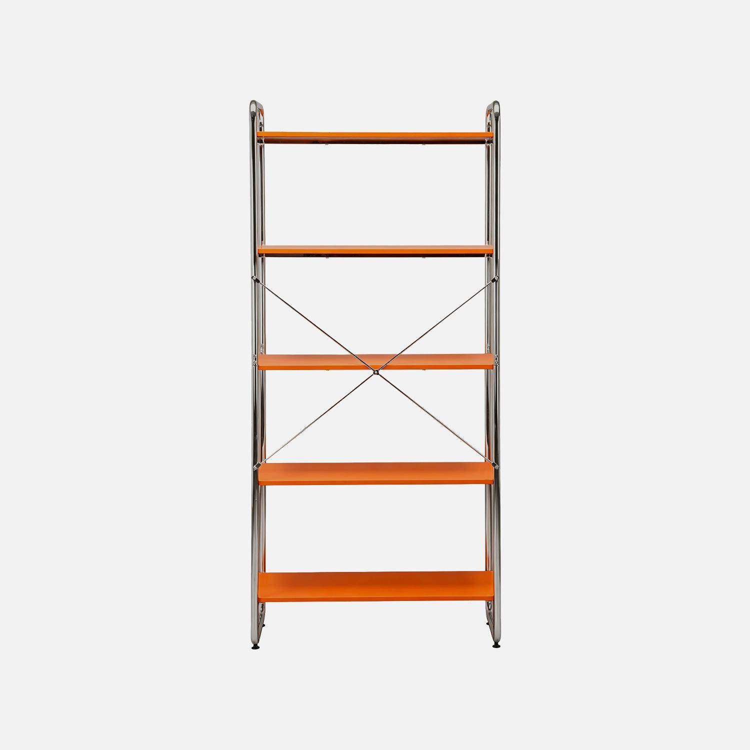 Scaffale libreria in metallo cromato ed effetto legno, 5 livelli, Lennox, Arancione, 80x40x180 cm Photo3