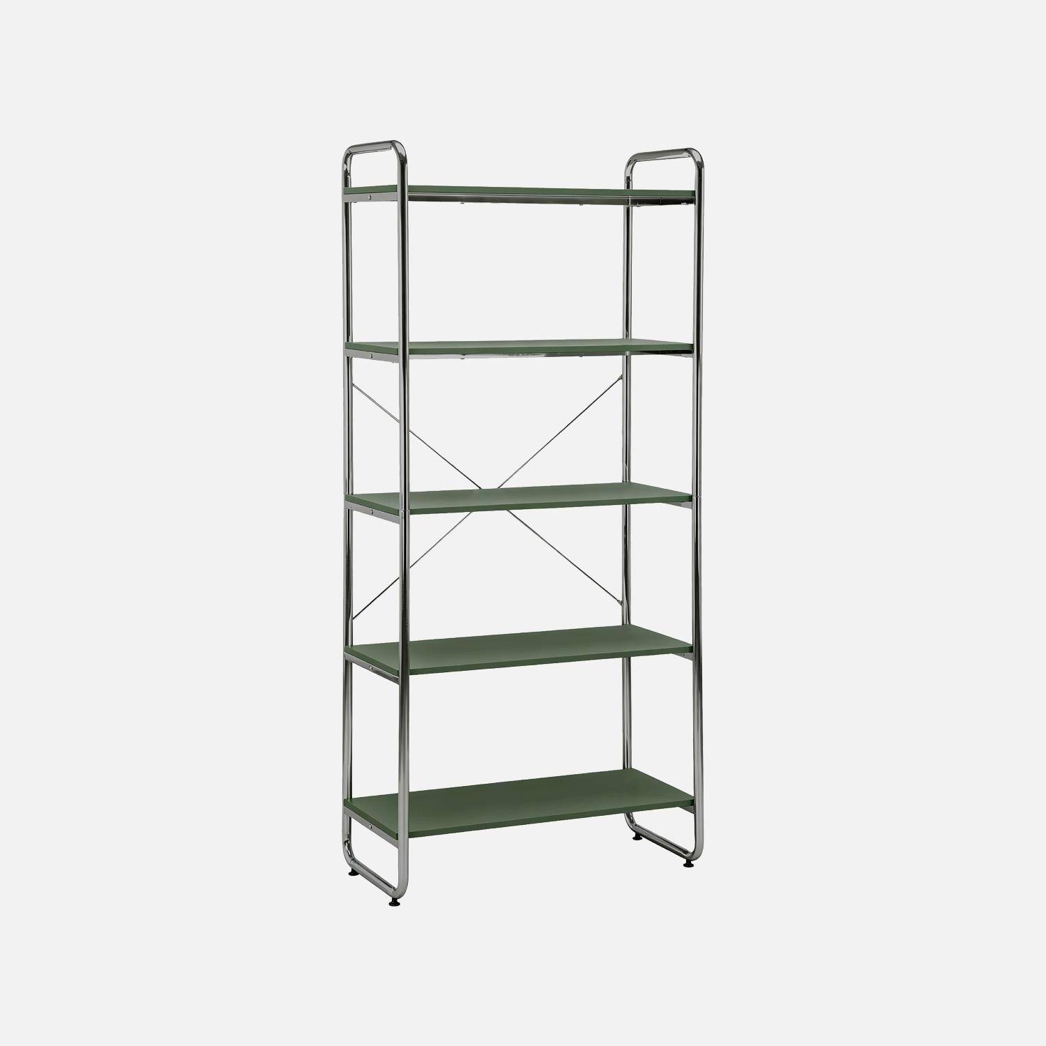 Scaffale libreria in metallo cromato ed effetto legno, 5 livelli, Lennox, Verde kaki, 80x40x180 cm Photo1