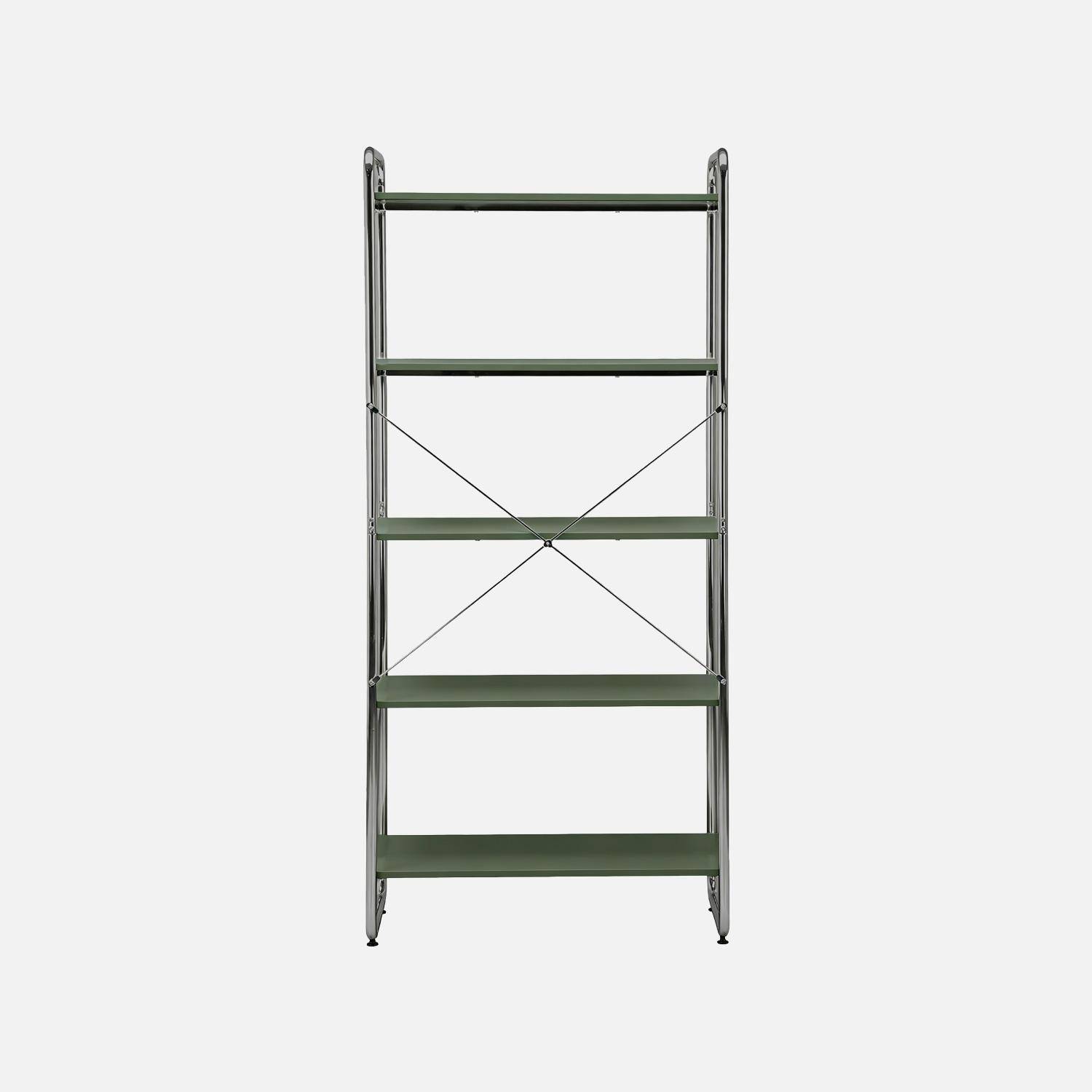 Scaffale libreria in metallo cromato ed effetto legno, 5 livelli, Lennox, Verde kaki, 80x40x180 cm Photo3