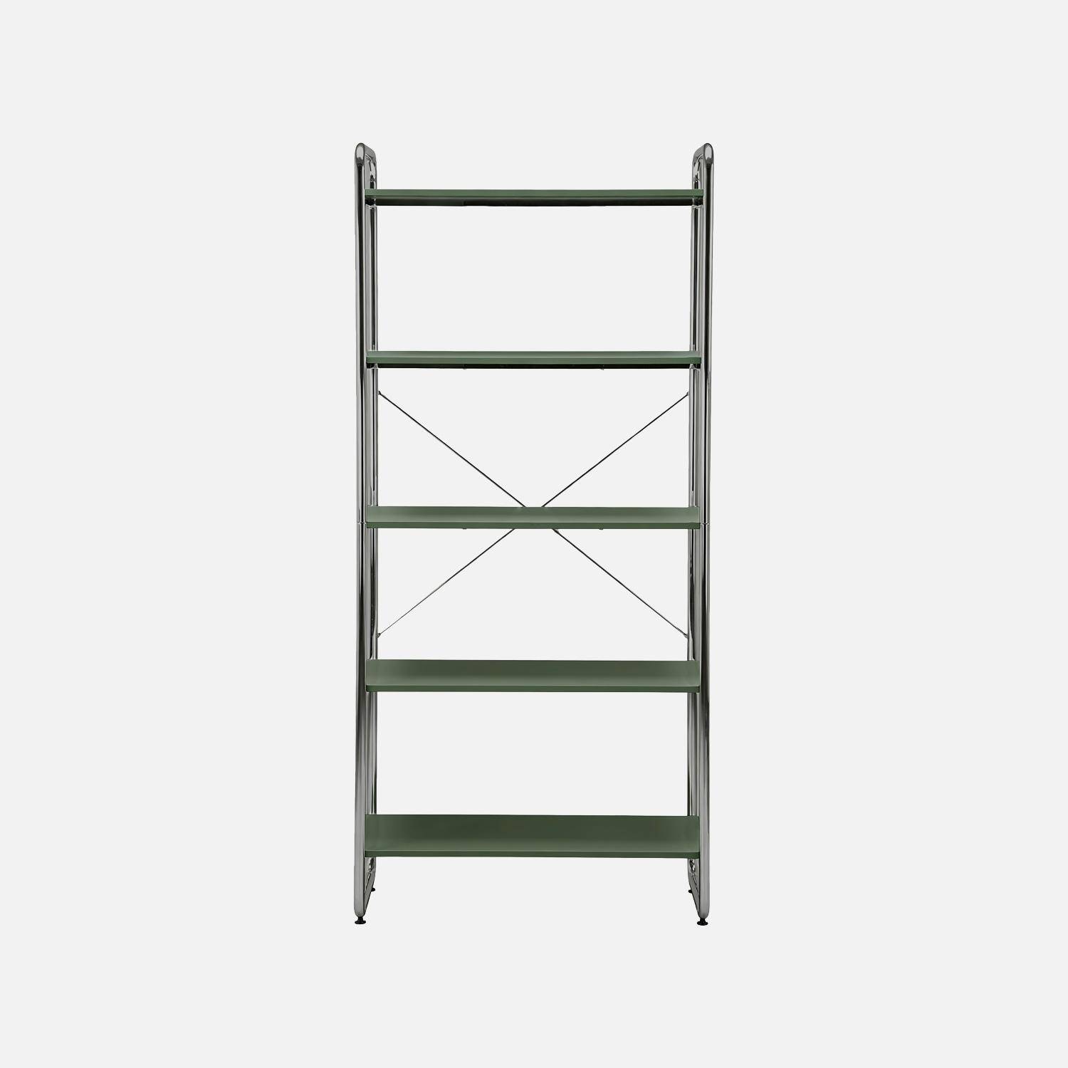Scaffale libreria in metallo cromato ed effetto legno, 5 livelli, Lennox, Verde kaki, 80x40x180 cm Photo2